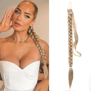 Long Braided Ponytail Extensions with Elastic Hair Tie Straight Wrap with Braid Pony Tails Pieces Natural Soft Synthetic Ponytail Extensions for Women（Light Blonde）
