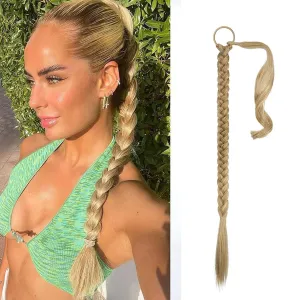 Long Braided Ponytail Extensions with Elastic Hair Tie Straight Wrap with Braid Pony Tails Pieces Natural Soft Synthetic Ponytail Extensions for Women（Medium Blonde）