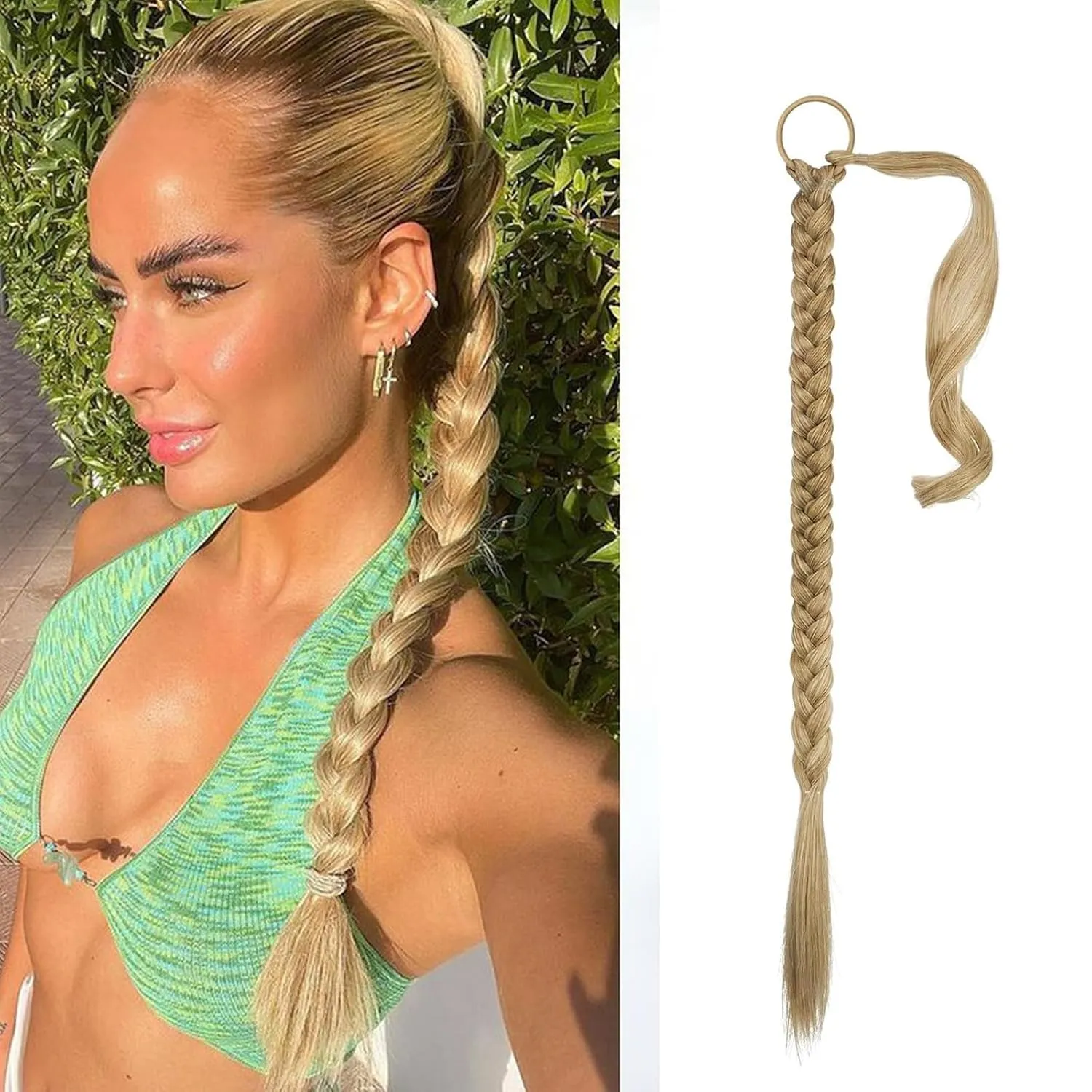 Long Braided Ponytail Extensions with Elastic Hair Tie Straight Wrap with Braid Pony Tails Pieces Natural Soft Synthetic Ponytail Extensions for Women（Medium Blonde）