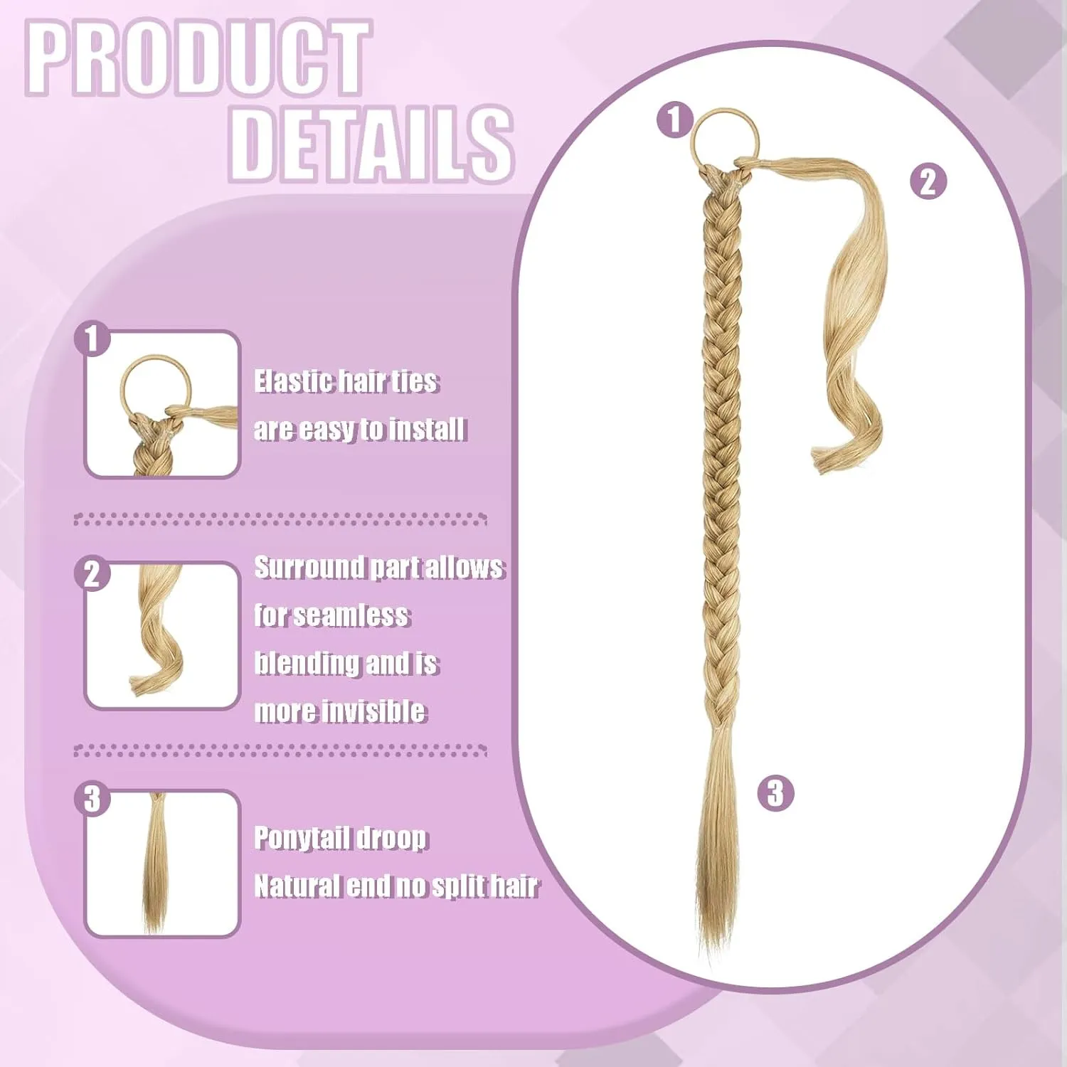 Long Braided Ponytail Extensions with Elastic Hair Tie Straight Wrap with Braid Pony Tails Pieces Natural Soft Synthetic Ponytail Extensions for Women（Medium Blonde）