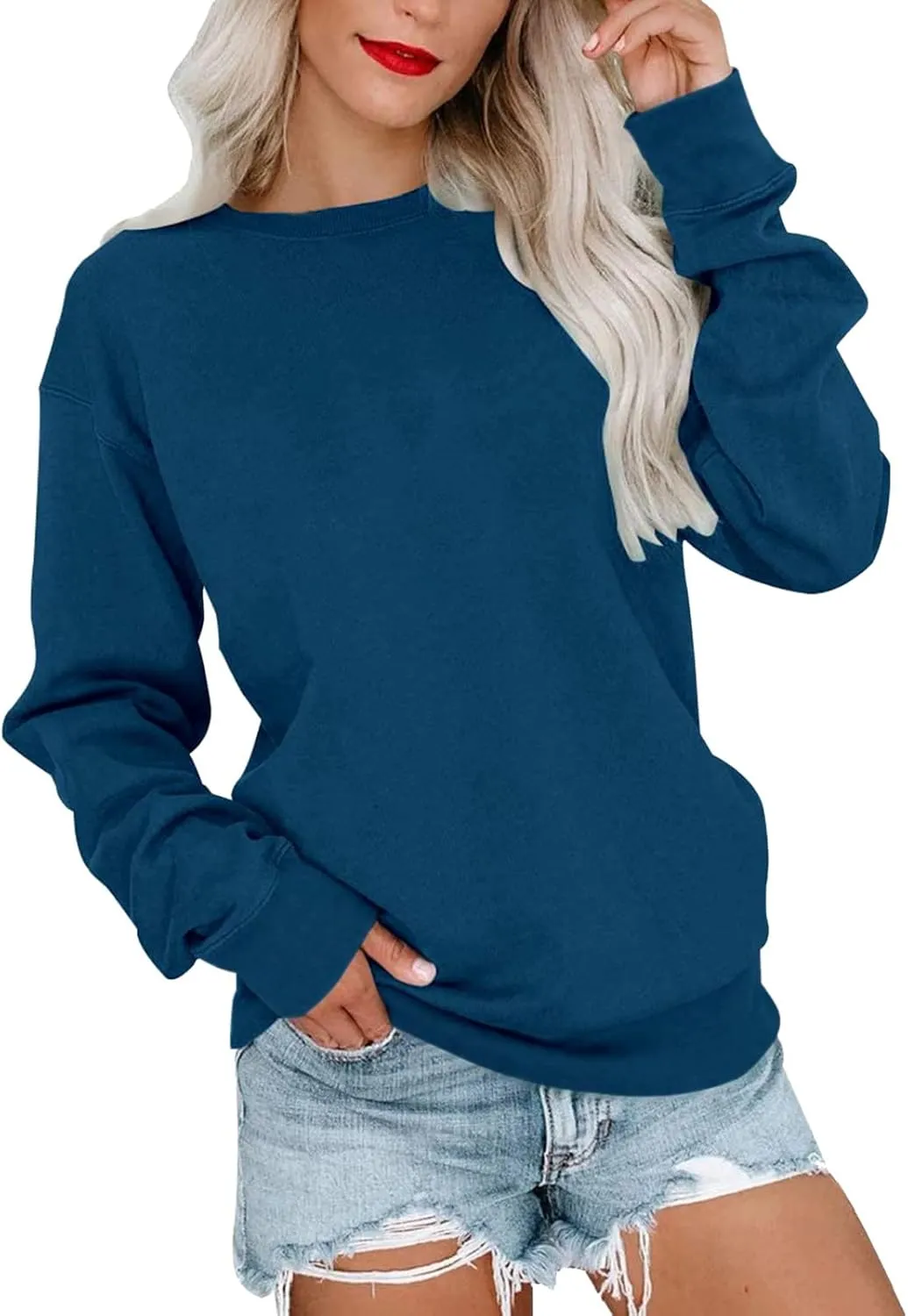 Long Sleeve Shirts for Women Oversized Crewneck Sweatshirt Casual Solid Color Pullover Blouse Loose Spring Tops 2024