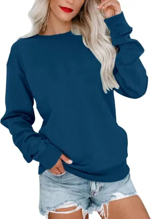 Long Sleeve Shirts for Women Oversized Crewneck Sweatshirt Casual Solid Color Pullover Blouse Loose Spring Tops 2024