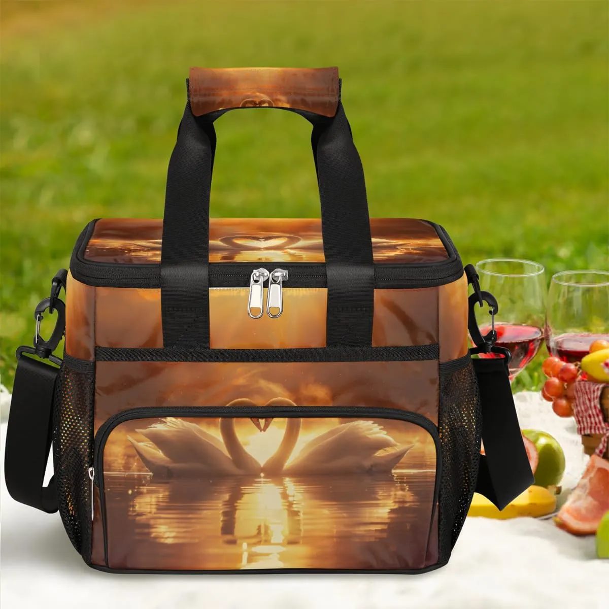 Love Swan Romance Large Insulated Lunch Bag for Women Men Adult Reusable Lunch Box Leakproof Cooler Bag Meal Prep Bag Adjustable Shoulder Strap Lunch Pail for Picnic Beach Travel Work Office