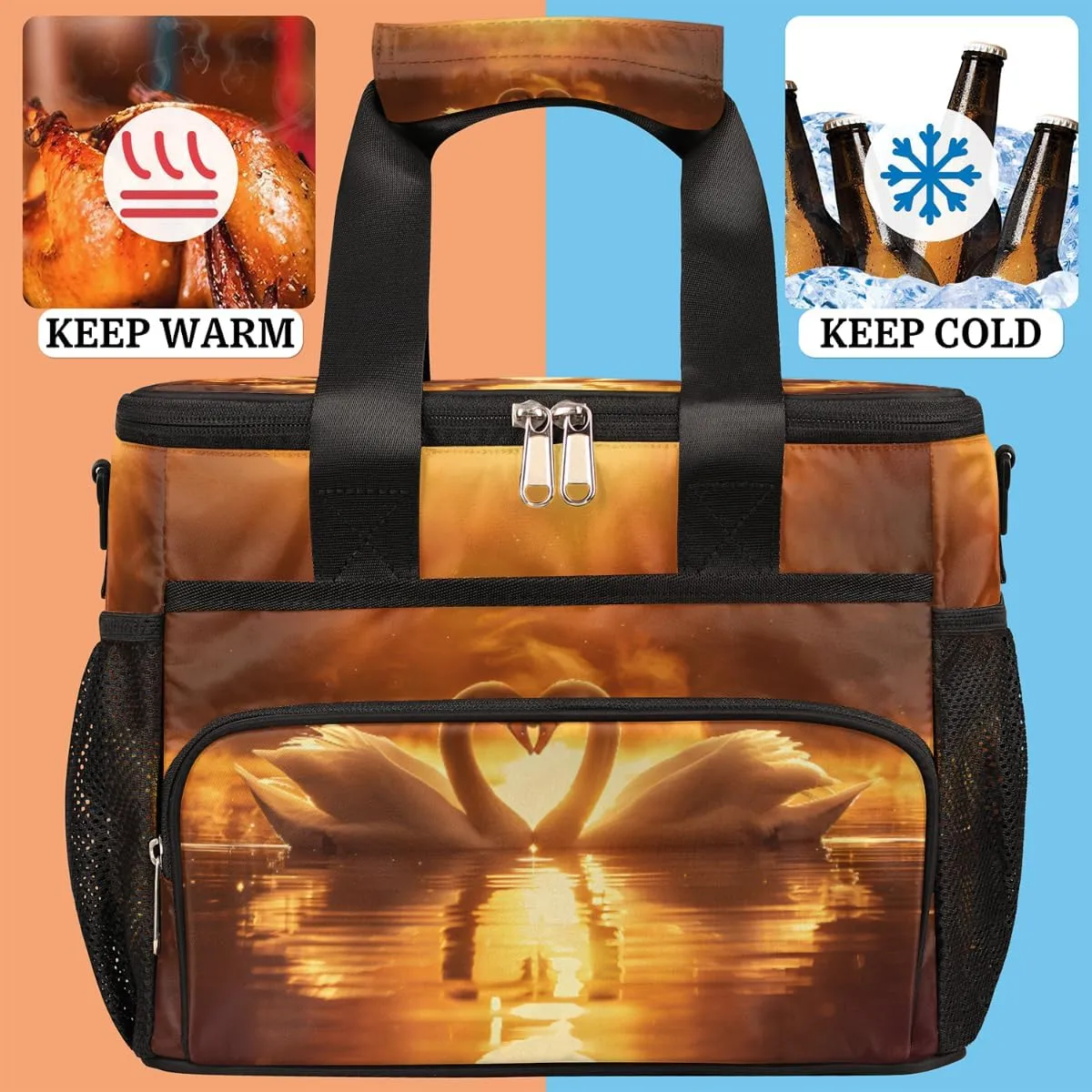 Love Swan Romance Large Insulated Lunch Bag for Women Men Adult Reusable Lunch Box Leakproof Cooler Bag Meal Prep Bag Adjustable Shoulder Strap Lunch Pail for Picnic Beach Travel Work Office