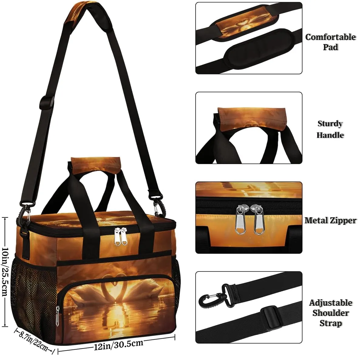 Love Swan Romance Large Insulated Lunch Bag for Women Men Adult Reusable Lunch Box Leakproof Cooler Bag Meal Prep Bag Adjustable Shoulder Strap Lunch Pail for Picnic Beach Travel Work Office