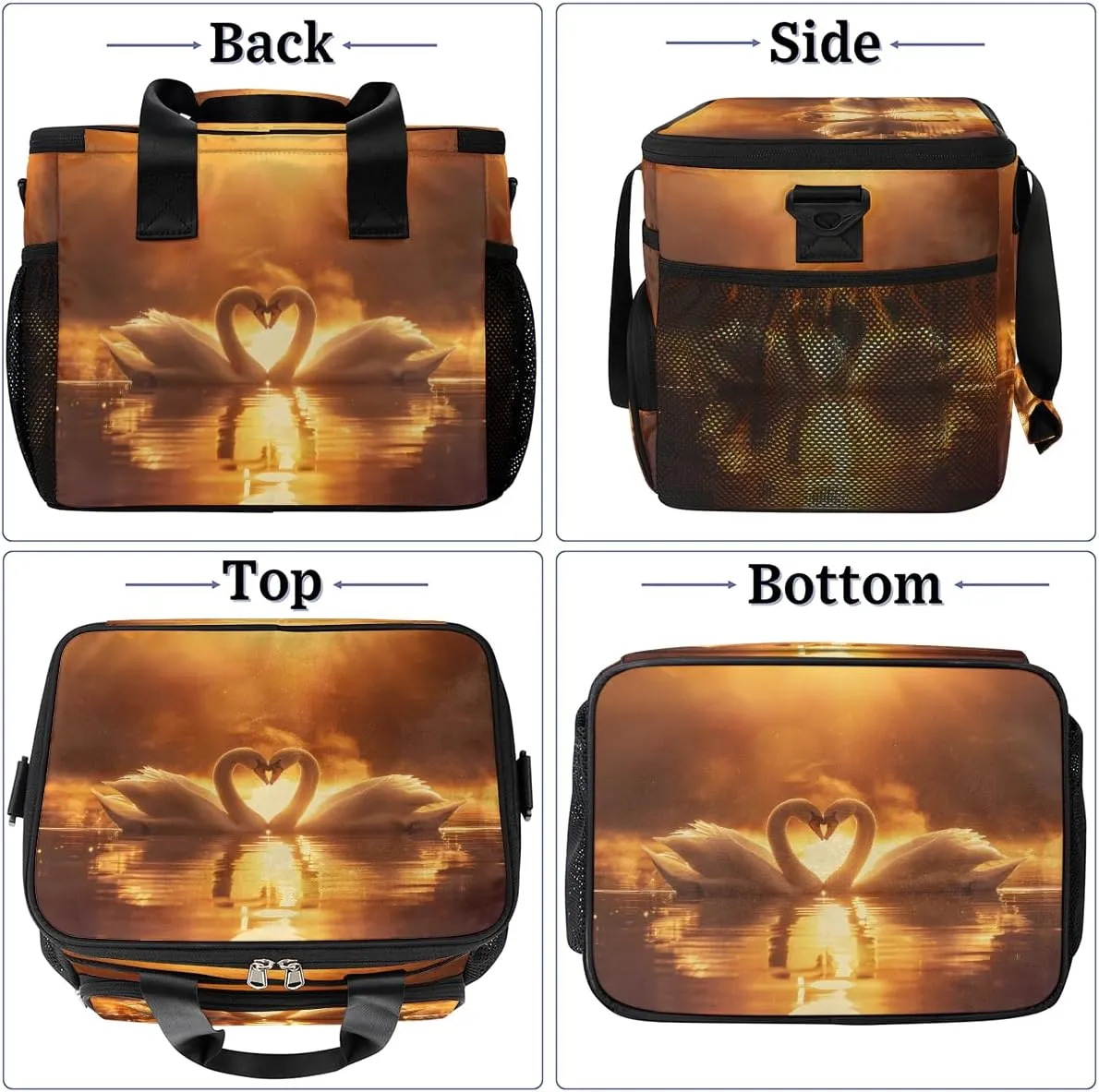Love Swan Romance Large Insulated Lunch Bag for Women Men Adult Reusable Lunch Box Leakproof Cooler Bag Meal Prep Bag Adjustable Shoulder Strap Lunch Pail for Picnic Beach Travel Work Office