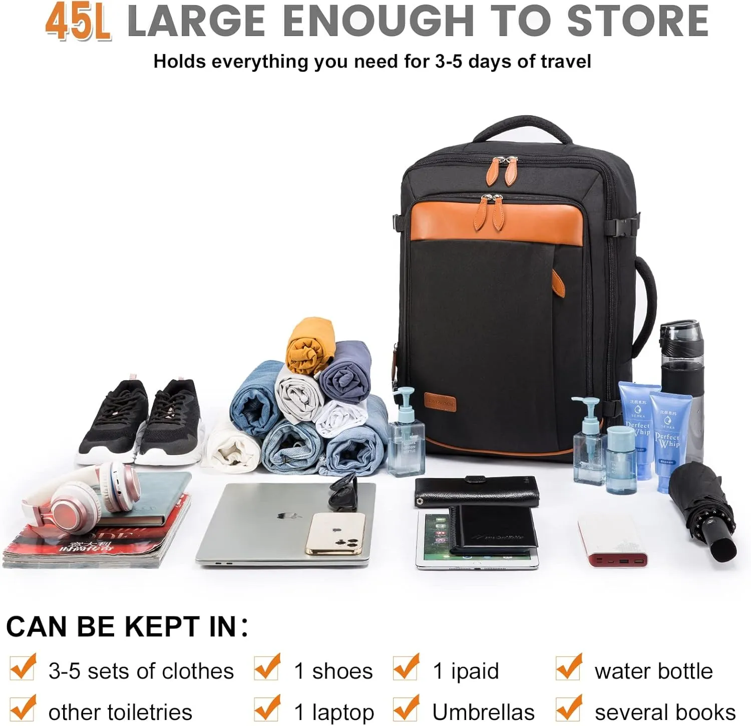LOVEVOOK Carry on Backpack, 45L Large Travel Backpack for Women Men Airline Approved, Expandable Large Suitcase Backpacks With 4 Packing Cubes, Aer Travel Pack 3, Water Resistant Weekender Bag