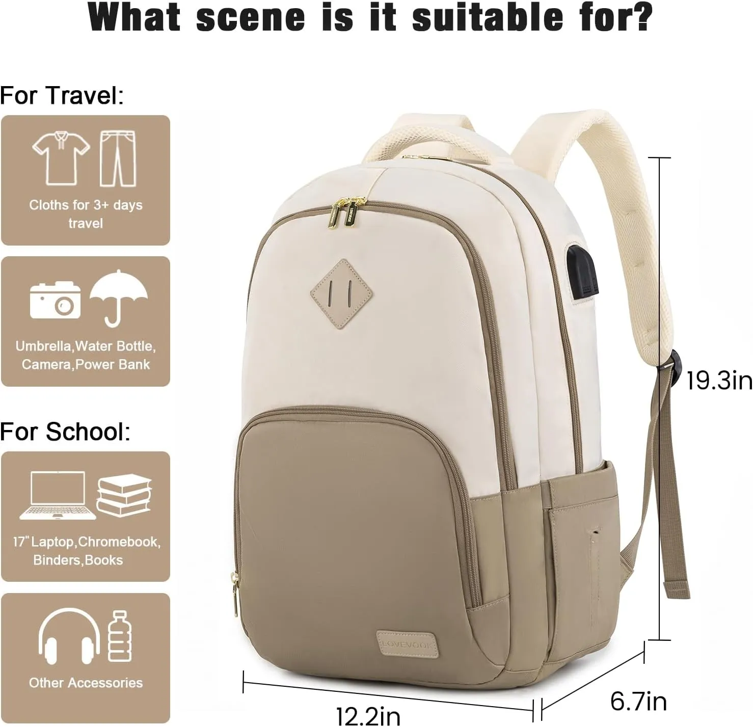 LOVEVOOK Laptop Backpack for Women Men, 17" Laptop Daypack for College Work Travel, Water Resistant Classic Backpacks with USB Port