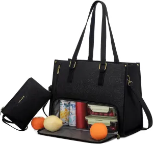 LOVEVOOK Lunch Tote Bag for Women, 15.6 Inch Laptop Bag with Insulated Lunch Compartment, Quilted Large Capacity Computer Handbag with Purse for Business, Work, Collage, Office, Casual, Jet Black
