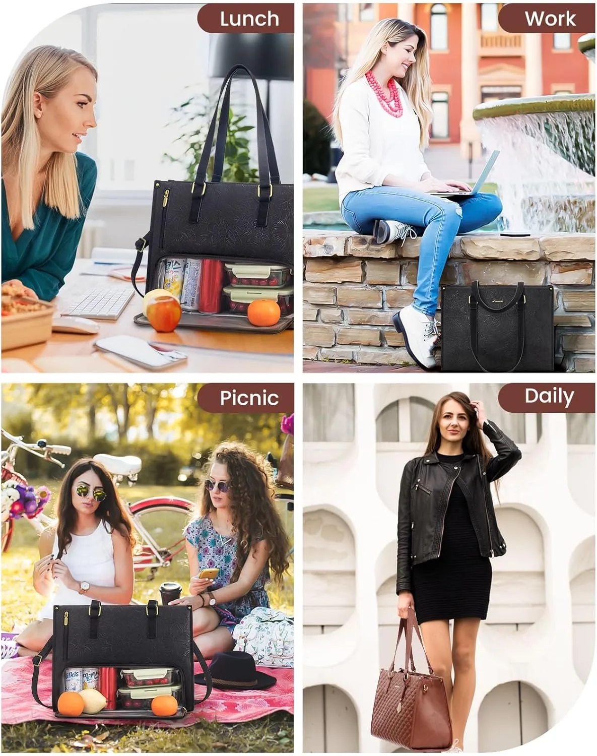 LOVEVOOK Lunch Tote Bag for Women, 15.6 Inch Laptop Bag with Insulated Lunch Compartment, Quilted Large Capacity Computer Handbag with Purse for Business, Work, Collage, Office, Casual, Jet Black