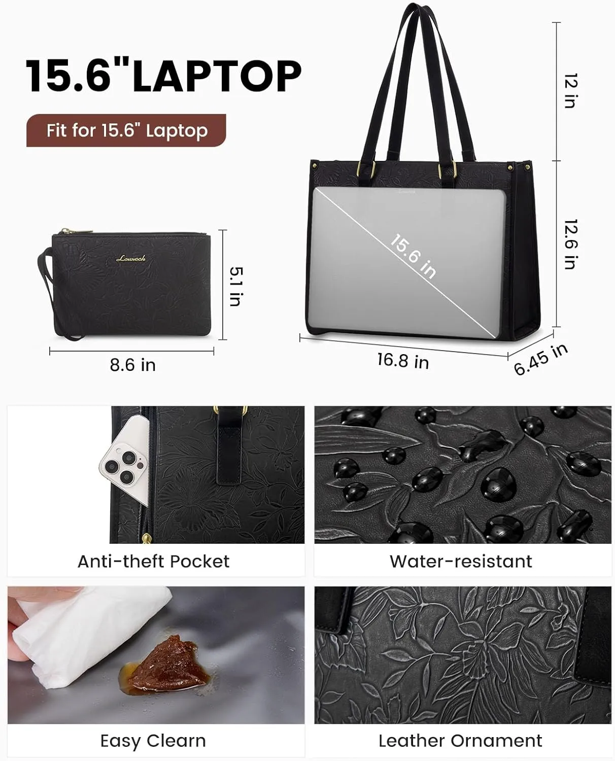 LOVEVOOK Lunch Tote Bag for Women, 15.6 Inch Laptop Bag with Insulated Lunch Compartment, Quilted Large Capacity Computer Handbag with Purse for Business, Work, Collage, Office, Casual, Jet Black