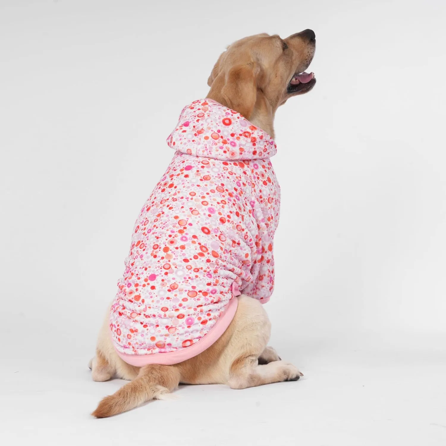 LovinPet Large Dogs Hoodies Girl, Premium Fit Flannel Warm Dog Pajamas, Update Skin-Friendly Fabric Mindful Small Dots Light Pink Prints Dog Clothing for Autumn Winter Using, 2XL