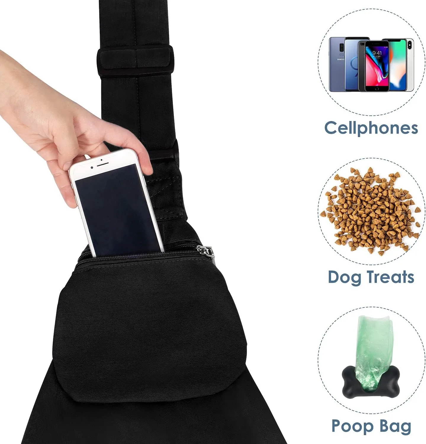 Lukovee Pet Sling, Hand Free Dog Sling Carrier Adjustable Padded Strap Tote Bag Breathable Cotton Shoulder Bag Front Pocket Safety Belt Carrying Small Dog Cat Puppy Machine Washable (Black, L)