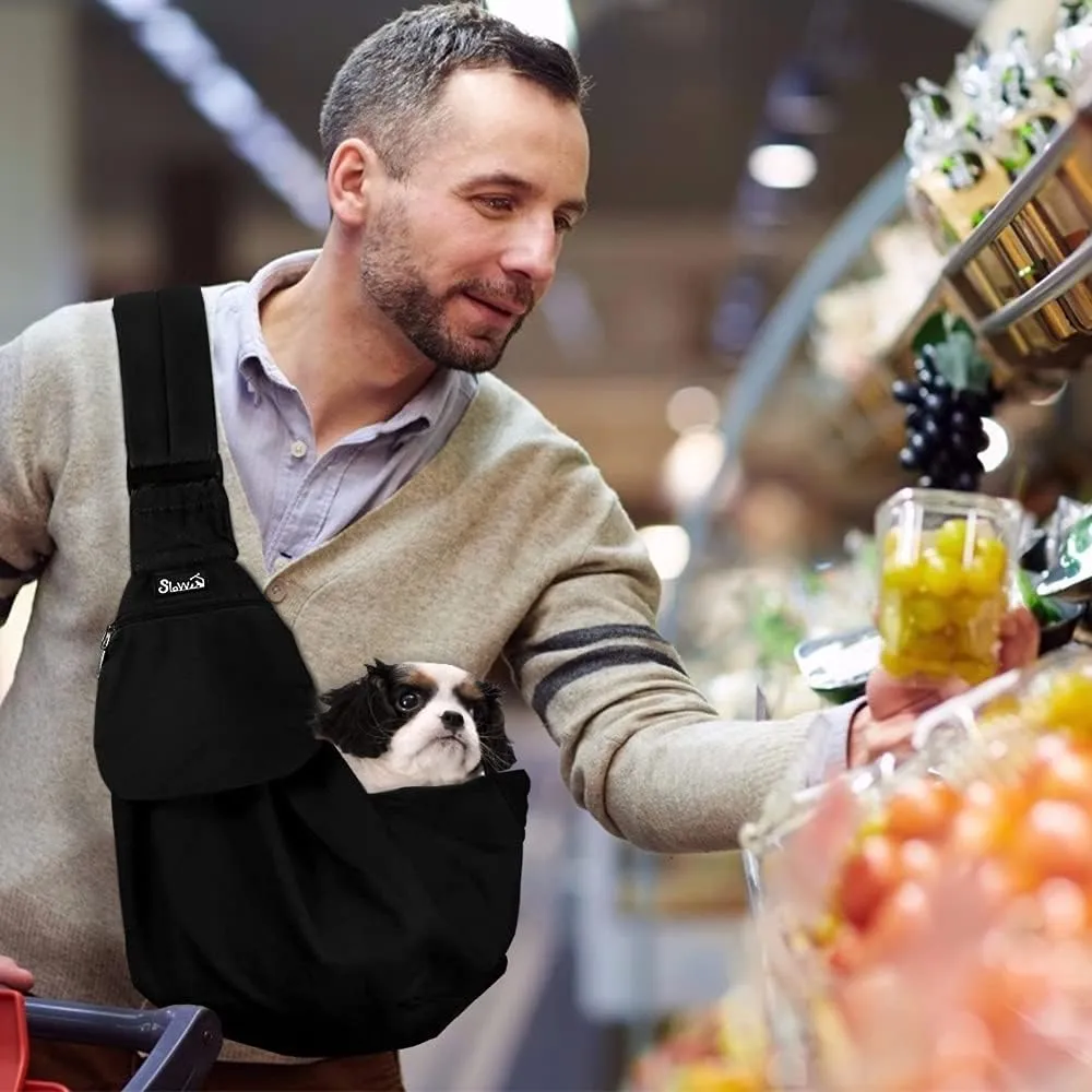 Lukovee Pet Sling, Hand Free Dog Sling Carrier Adjustable Padded Strap Tote Bag Breathable Cotton Shoulder Bag Front Pocket Safety Belt Carrying Small Dog Cat Puppy Machine Washable (Black, L)