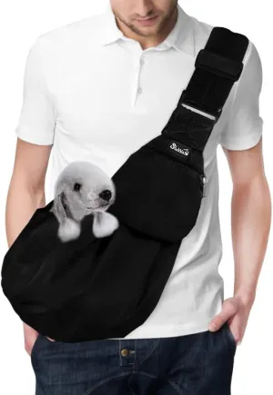 Lukovee Pet Sling, Hand Free Dog Sling Carrier Adjustable Padded Strap Tote Bag Breathable Cotton Shoulder Bag Front Pocket Safety Belt Carrying Small Dog Cat Puppy Machine Washable (Black, L)