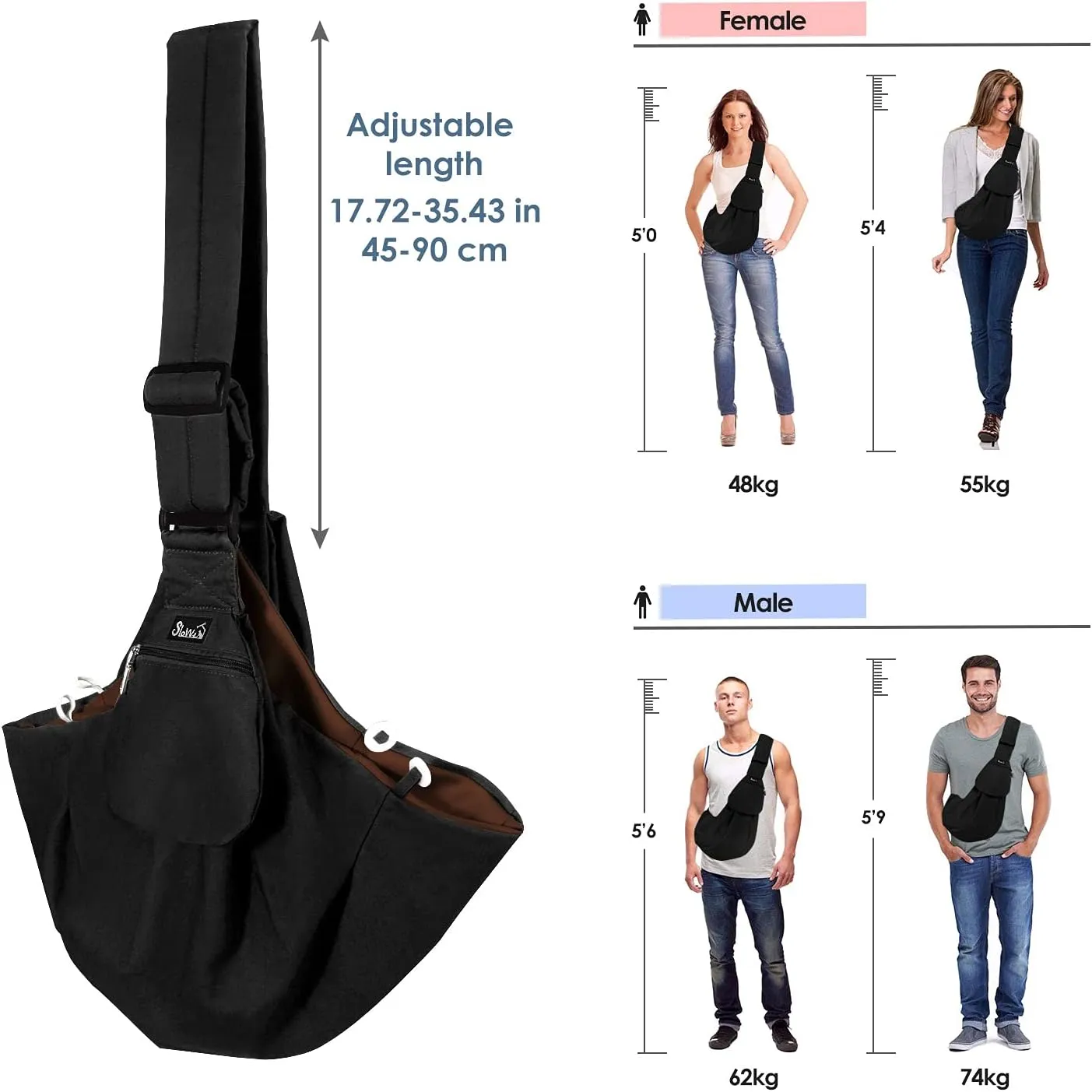 Lukovee Pet Sling, Hand Free Dog Sling Carrier Adjustable Padded Strap Tote Bag Breathable Cotton Shoulder Bag Front Pocket Safety Belt Carrying Small Dog Cat Puppy Machine Washable (Black, L)