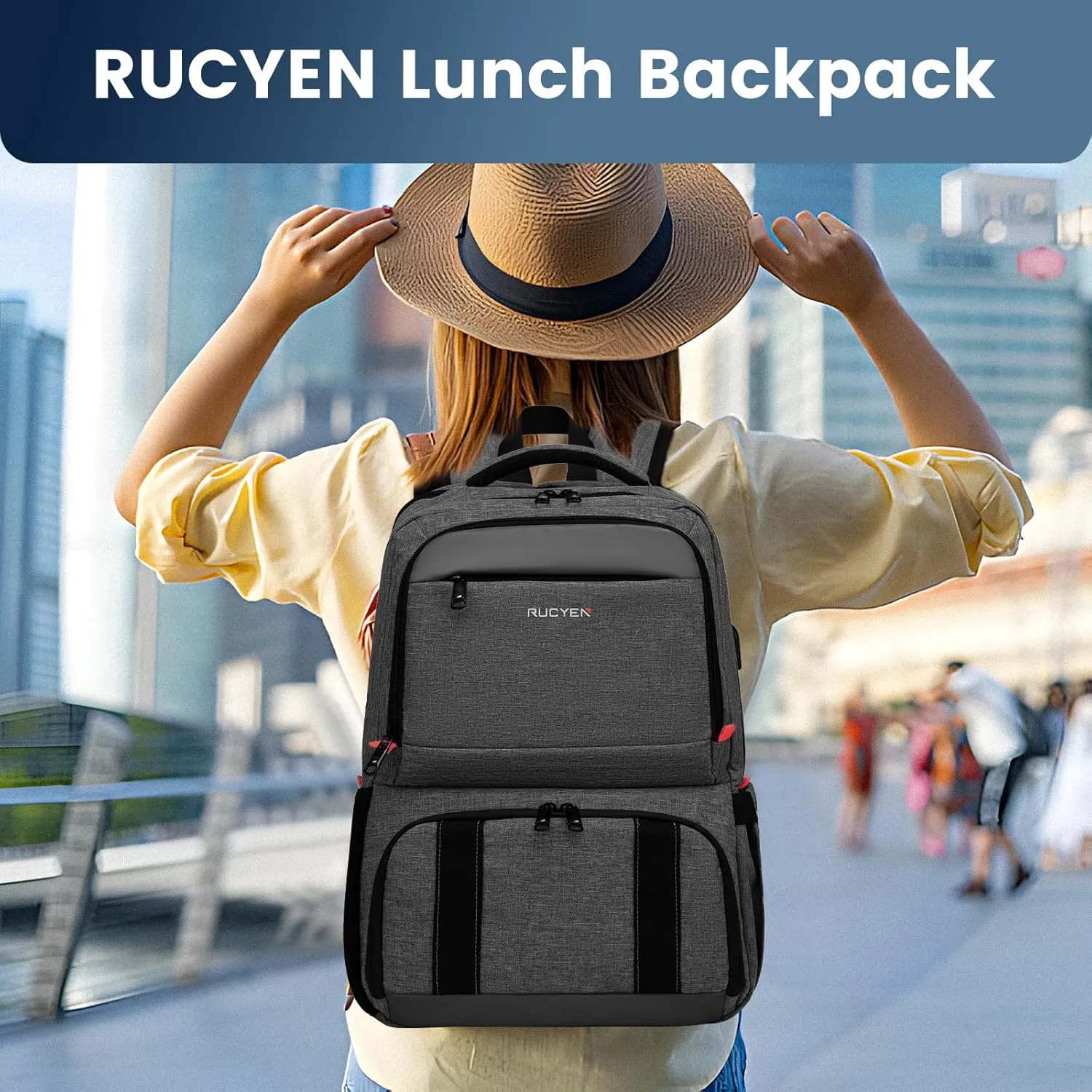 Lunch Backpack, 17.3 Inch Large Lunch Backpack Insulated Cooler Bag Travel Laptop Backpack with USB Port for Men Women, RFID Blocking for Work Picnics Black