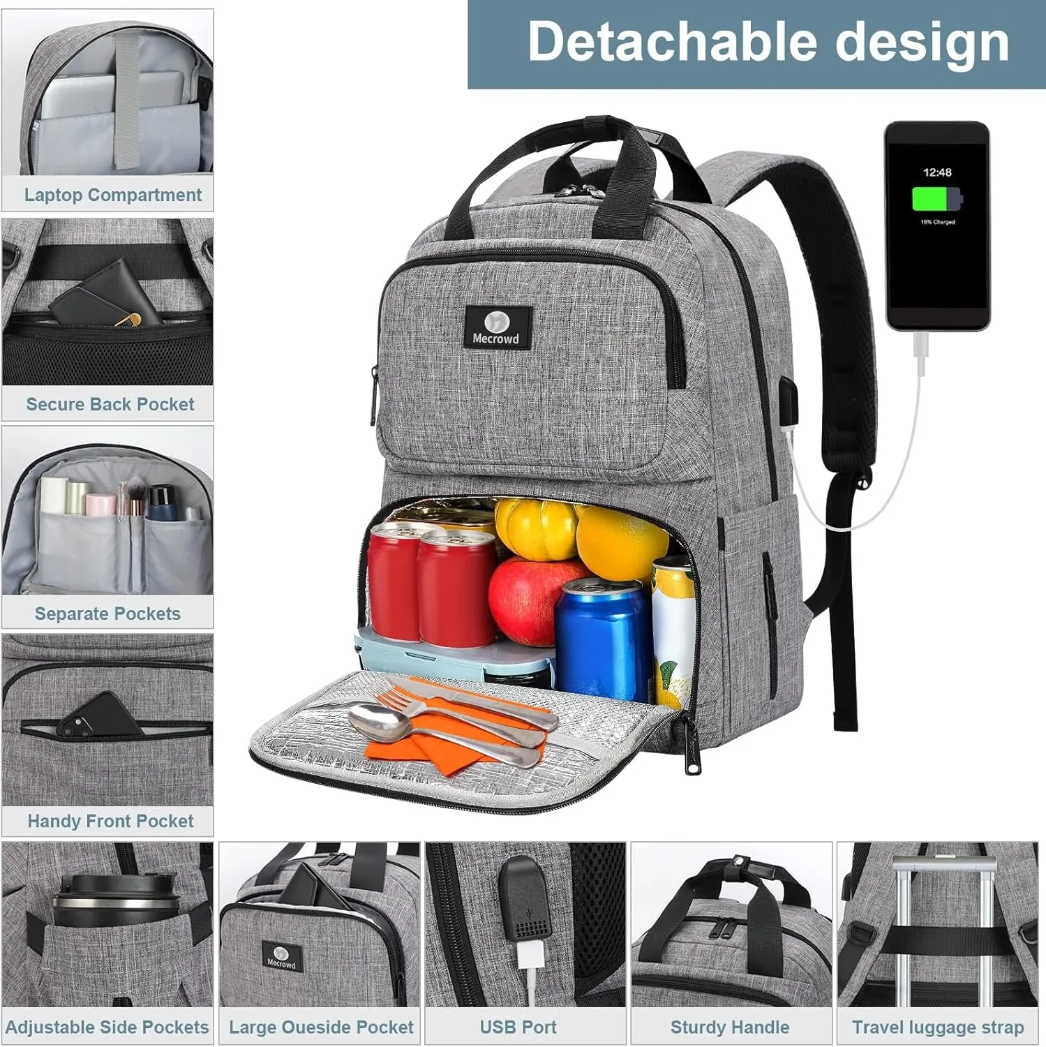 Lunch Backpack for Women Men, Insulated Cooler Lunch Box Backpacks Fit Up 15.6 inch Laptop with USB Port, Water Resistant Leak-proof Lunch Bag College Bookbag (Grey)