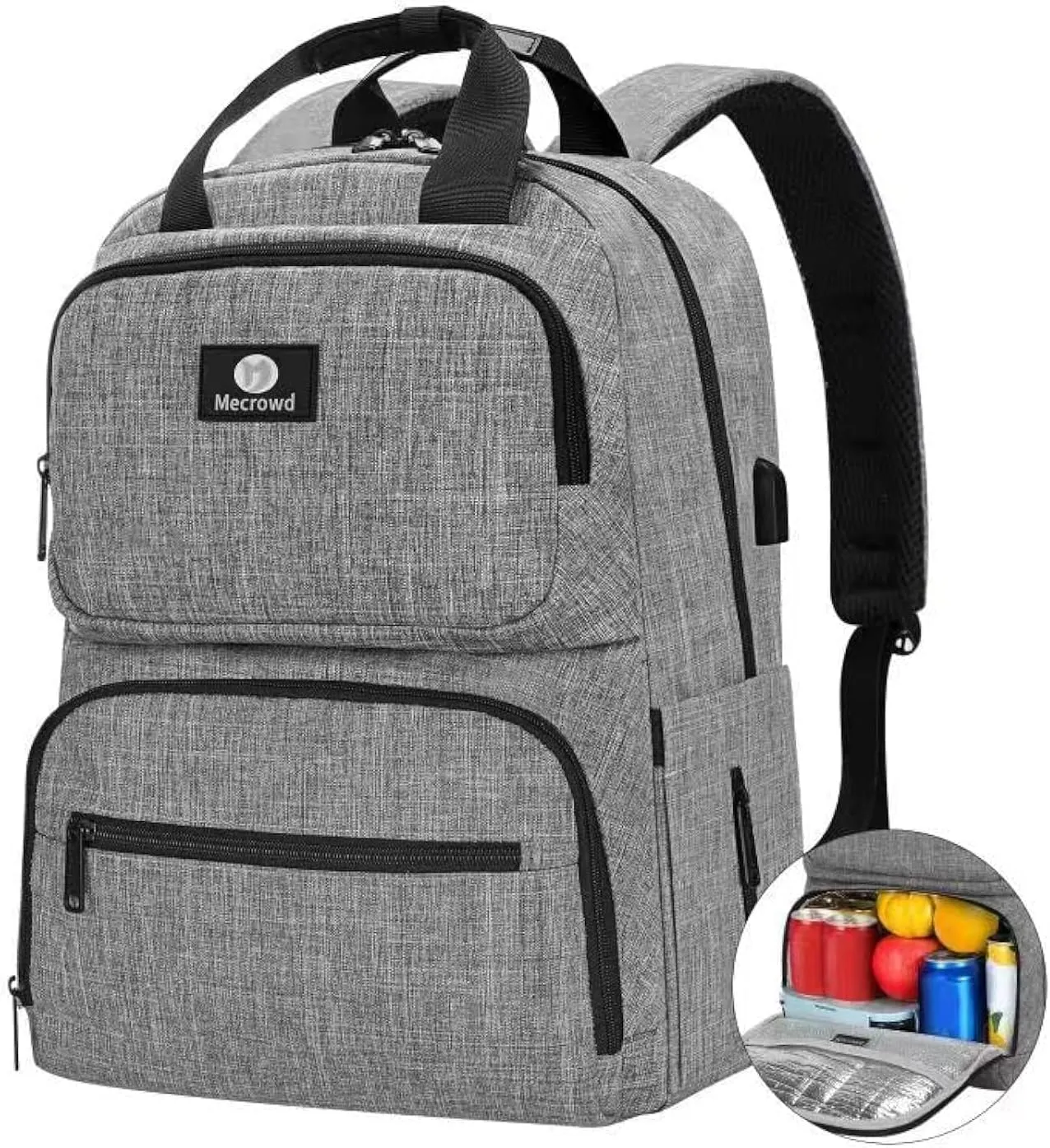 Lunch Backpack for Women Men, Insulated Cooler Lunch Box Backpacks Fit Up 15.6 inch Laptop with USB Port, Water Resistant Leak-proof Lunch Bag College Bookbag (Grey)