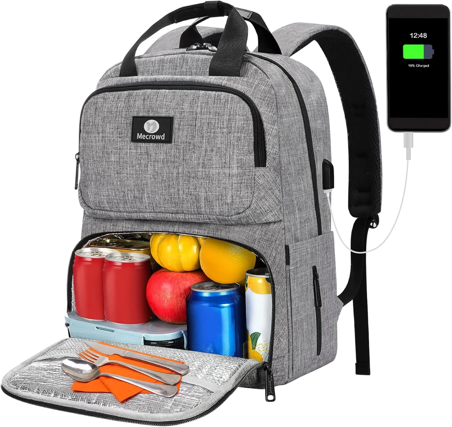 Lunch Backpack for Women Men, Insulated Cooler Lunch Box Backpacks Fit Up 15.6 inch Laptop with USB Port, Water Resistant Leak-proof Lunch Bag College Bookbag (Grey)