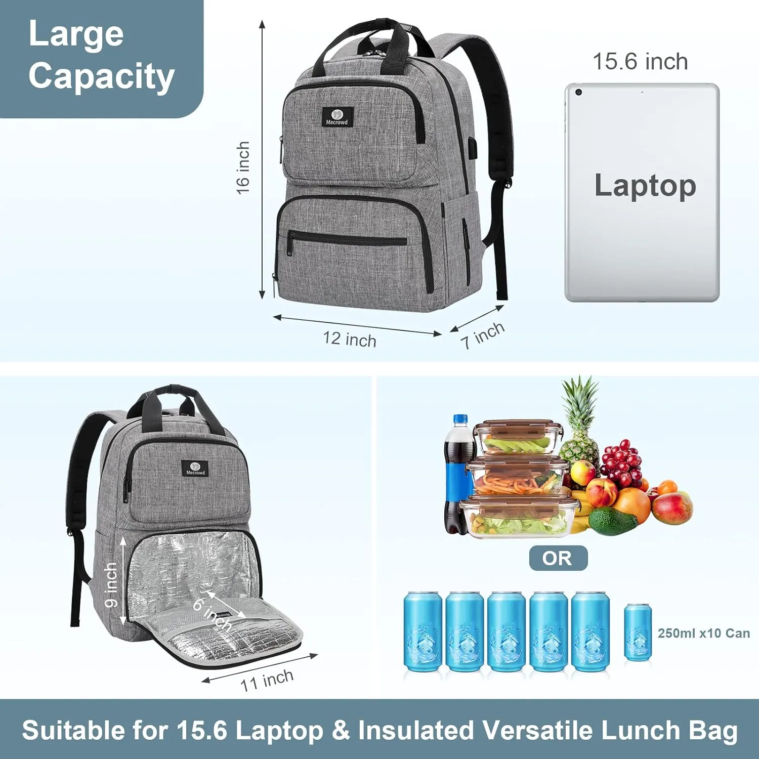 Lunch Backpack for Women Men, Insulated Cooler Lunch Box Backpacks Fit Up 15.6 inch Laptop with USB Port, Water Resistant Leak-proof Lunch Bag College Bookbag (Grey)