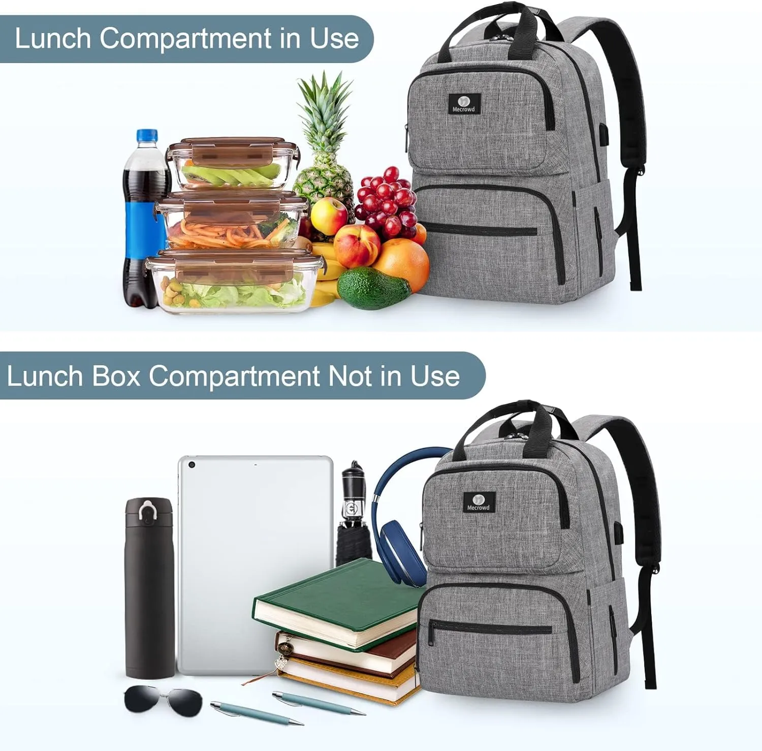 Lunch Backpack for Women Men, Insulated Cooler Lunch Box Backpacks Fit Up 15.6 inch Laptop with USB Port, Water Resistant Leak-proof Lunch Bag College Bookbag (Grey)