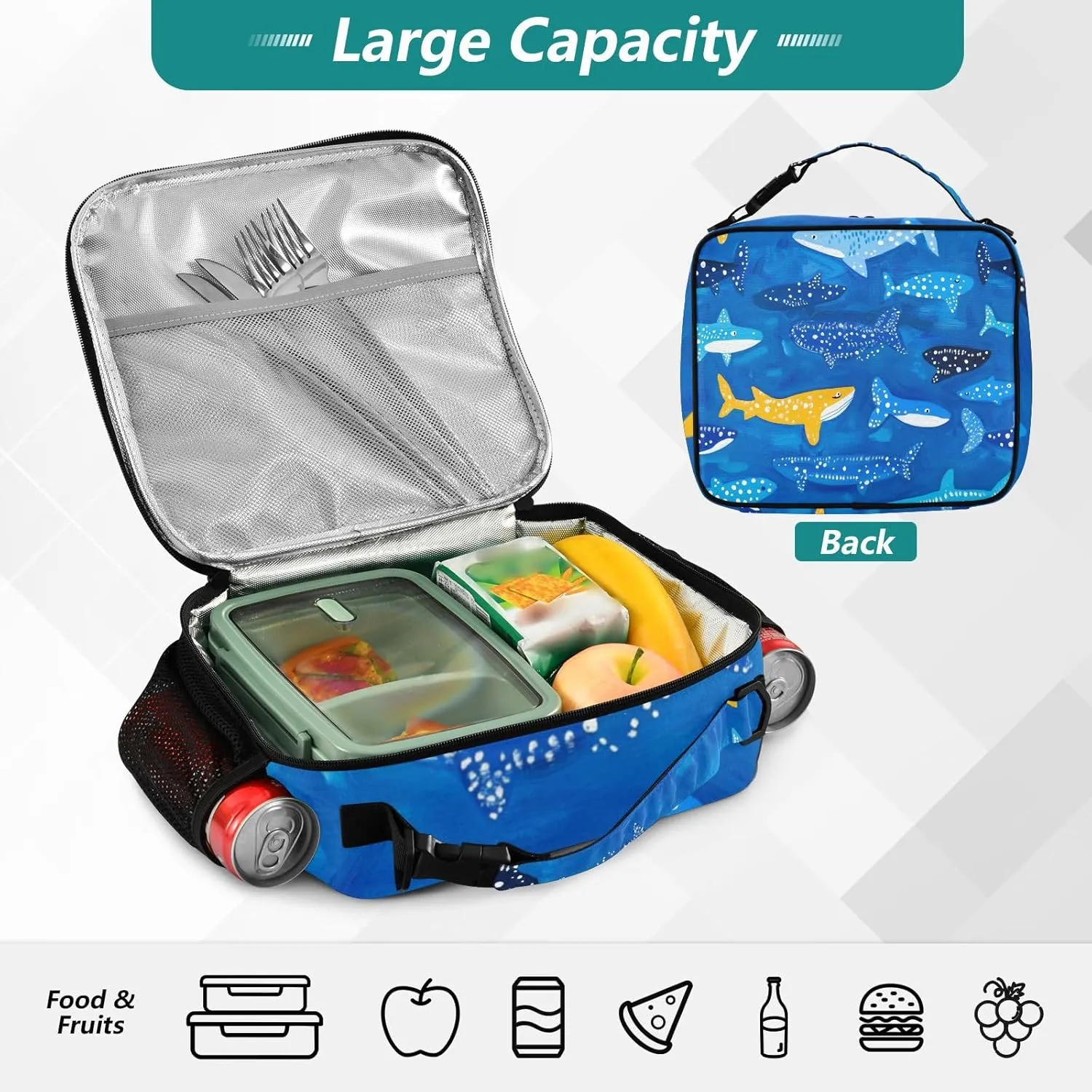Lunch Bag for Women Men Insulated Lunch Box Cute Lunch Tote Bag Cooler Bag with Adjustable Shoulder Strap Mens Lunchbox for Work Travel Picnic Whale Sharks Naive Art
