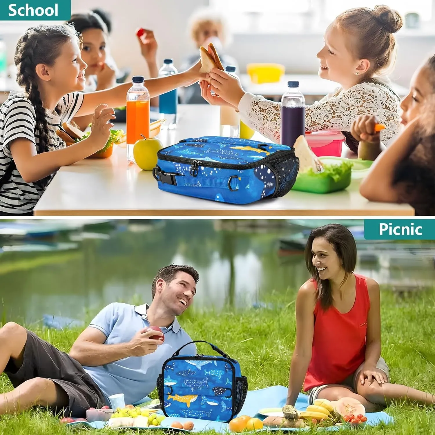 Lunch Bag for Women Men Insulated Lunch Box Cute Lunch Tote Bag Cooler Bag with Adjustable Shoulder Strap Mens Lunchbox for Work Travel Picnic Whale Sharks Naive Art