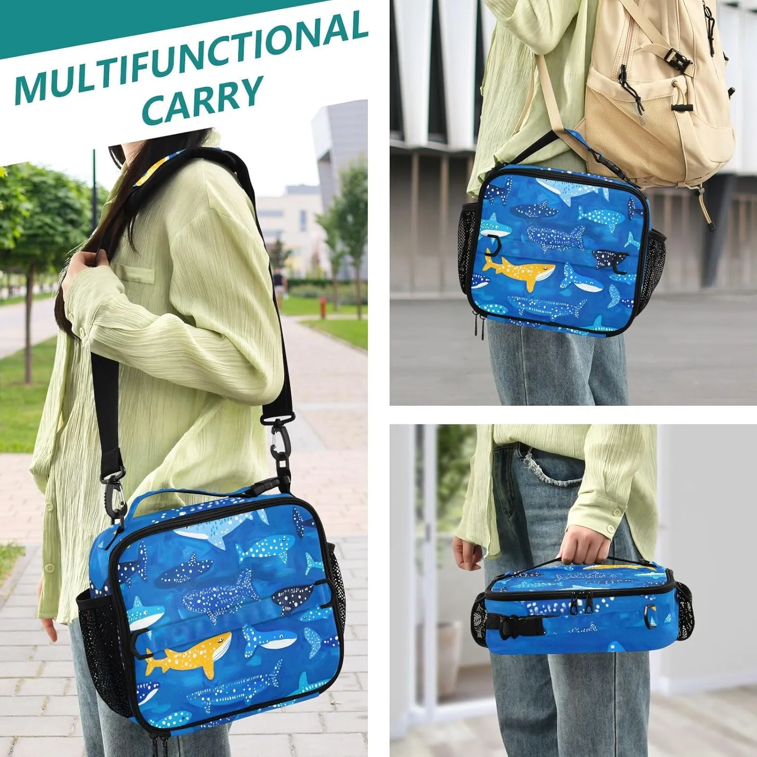 Lunch Bag for Women Men Insulated Lunch Box Cute Lunch Tote Bag Cooler Bag with Adjustable Shoulder Strap Mens Lunchbox for Work Travel Picnic Whale Sharks Naive Art