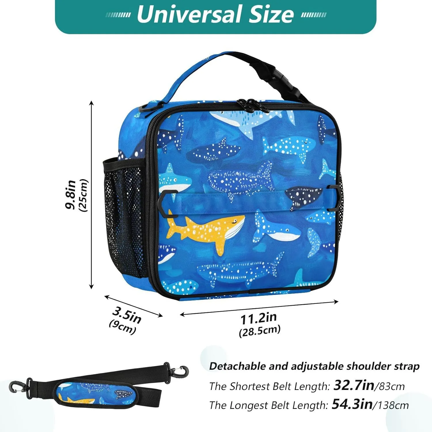 Lunch Bag for Women Men Insulated Lunch Box Cute Lunch Tote Bag Cooler Bag with Adjustable Shoulder Strap Mens Lunchbox for Work Travel Picnic Whale Sharks Naive Art