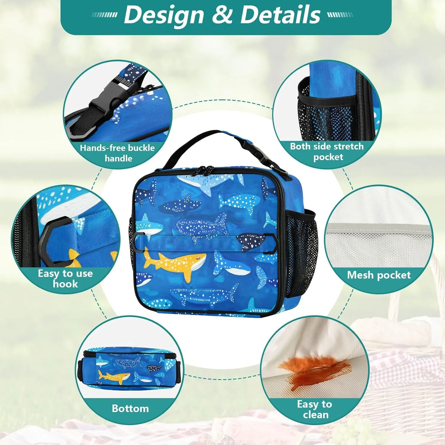 Lunch Bag for Women Men Insulated Lunch Box Cute Lunch Tote Bag Cooler Bag with Adjustable Shoulder Strap Mens Lunchbox for Work Travel Picnic Whale Sharks Naive Art