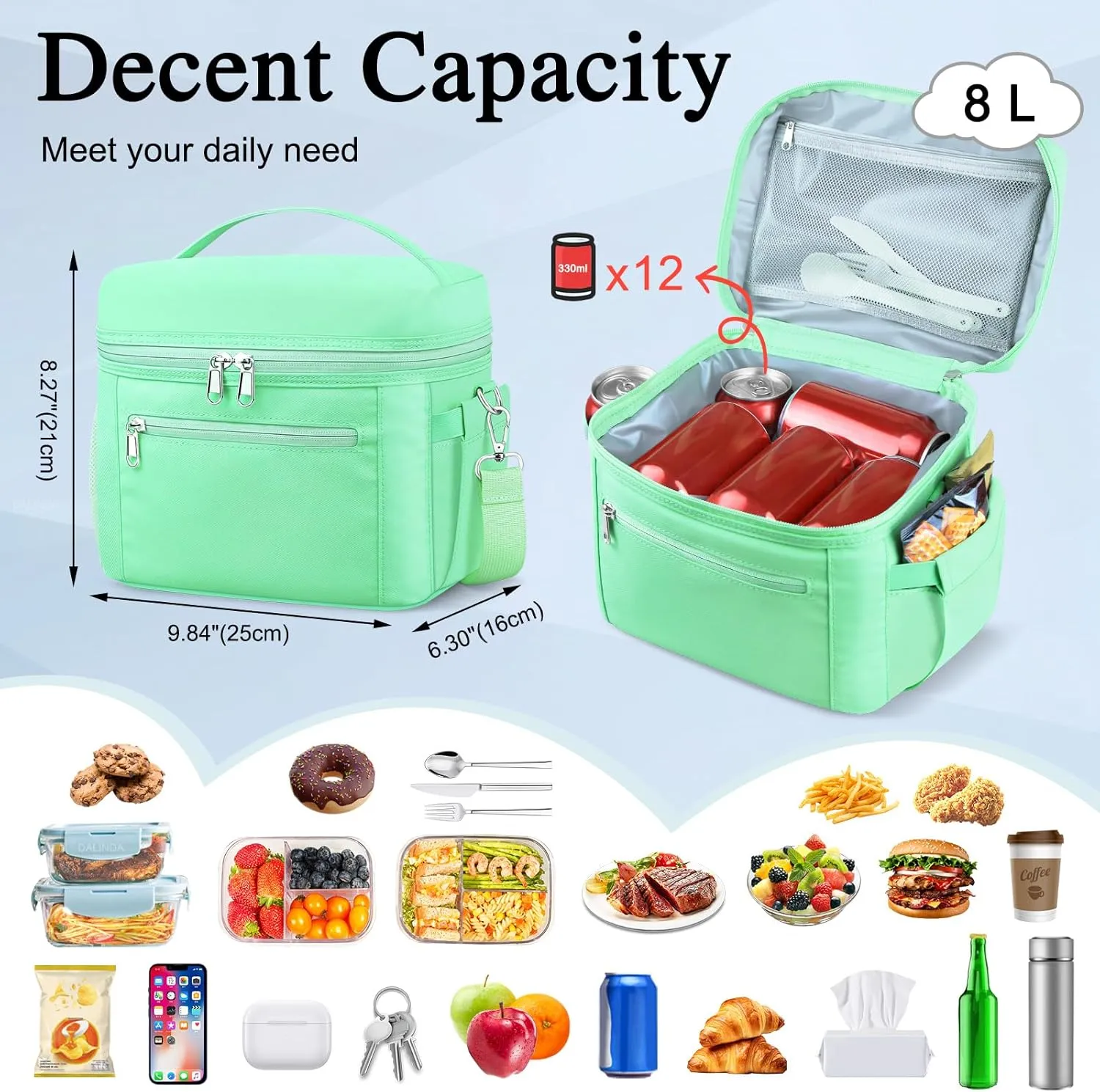 Lunch Bag Women, Lightweight Insulated Lunch Bag, Leakproof Cooler Bag with Adjustable Shoulder Strap, Reusable Waterproof Lunch Box for Work, Office, Picnic, Travel(Mint Green)