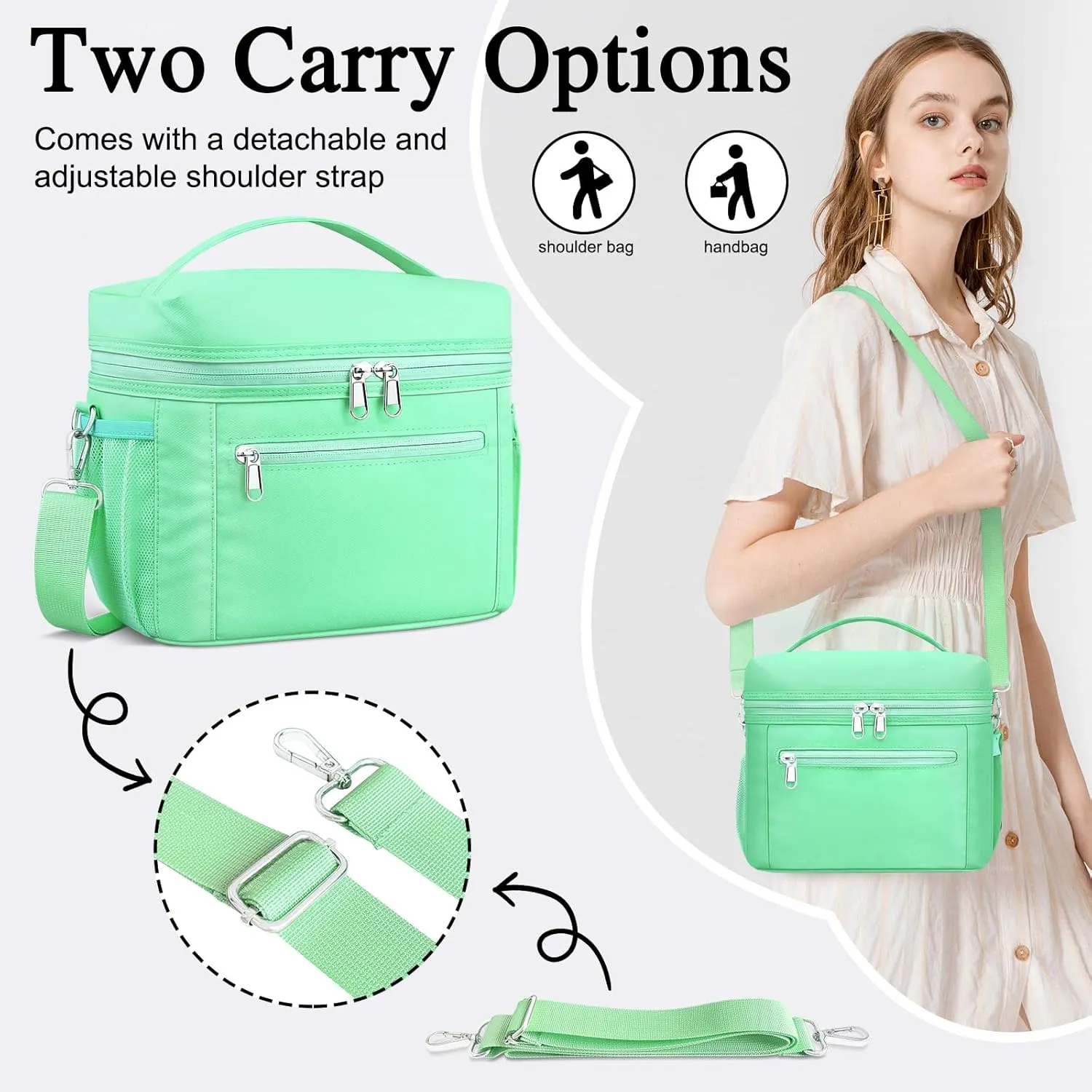 Lunch Bag Women, Lightweight Insulated Lunch Bag, Leakproof Cooler Bag with Adjustable Shoulder Strap, Reusable Waterproof Lunch Box for Work, Office, Picnic, Travel(Mint Green)