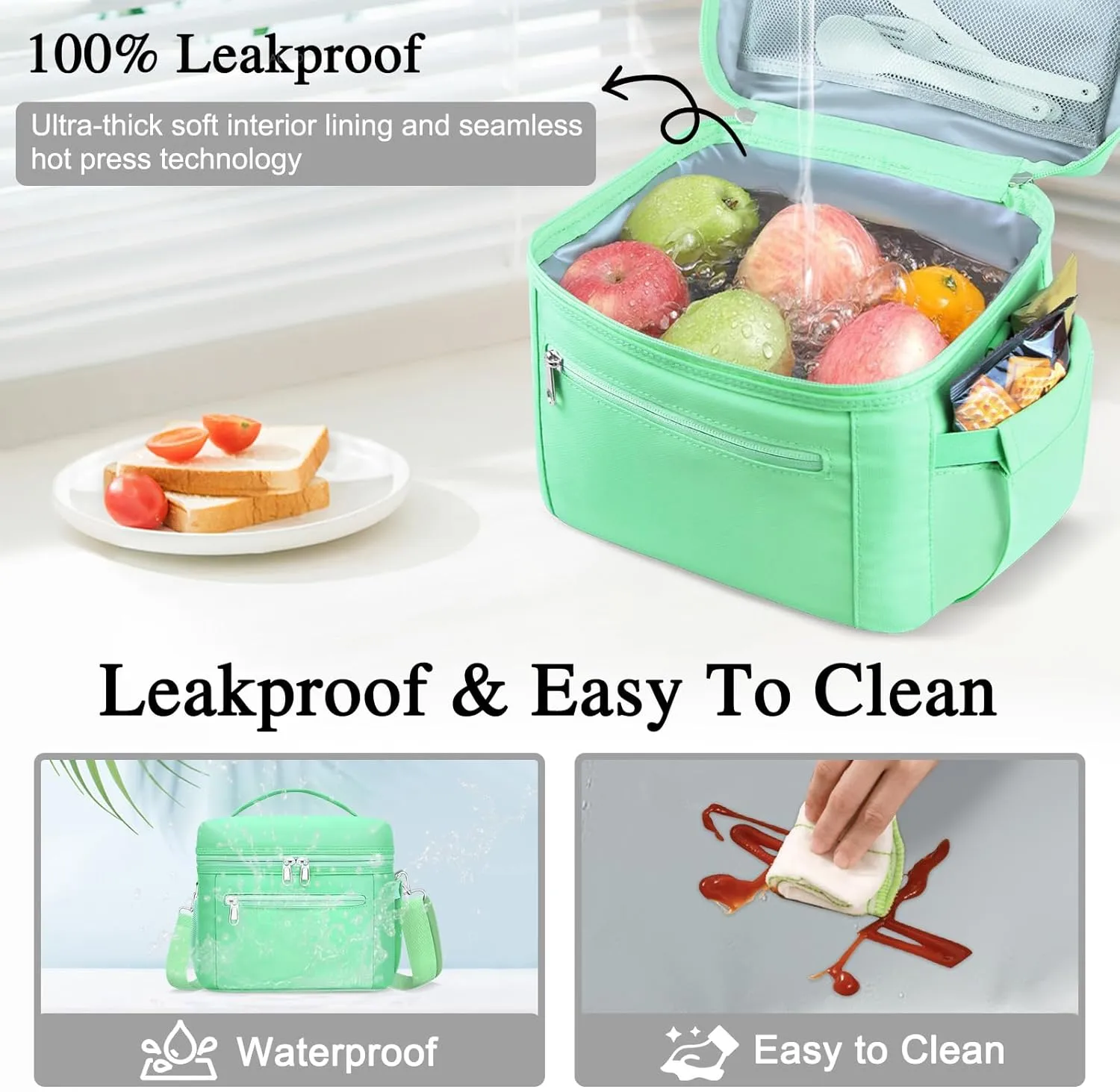 Lunch Bag Women, Lightweight Insulated Lunch Bag, Leakproof Cooler Bag with Adjustable Shoulder Strap, Reusable Waterproof Lunch Box for Work, Office, Picnic, Travel(Mint Green)