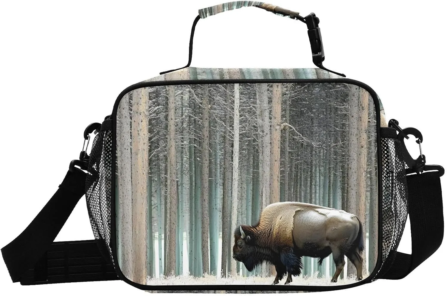 Lunch Box Bison Snow Forest for Men Women Insulated Lunch Bag for Travel, Work, Picnic, Reusable Cooler Tote Bag with Adjustable Shoulder Strap