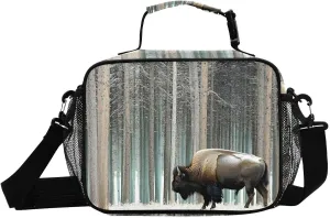 Lunch Box Bison Snow Forest for Men Women Insulated Lunch Bag for Travel, Work, Picnic, Reusable Cooler Tote Bag with Adjustable Shoulder Strap