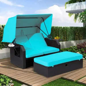 LVUYOYO Patio Wicker Furniture Set - Outdoor Rattan Sofa Set with Retractable Canopy, Side Table, Ottoman, Cushion PE Rattan Loveseat for Backyard Porch Garden Poolside Balcony (Green)