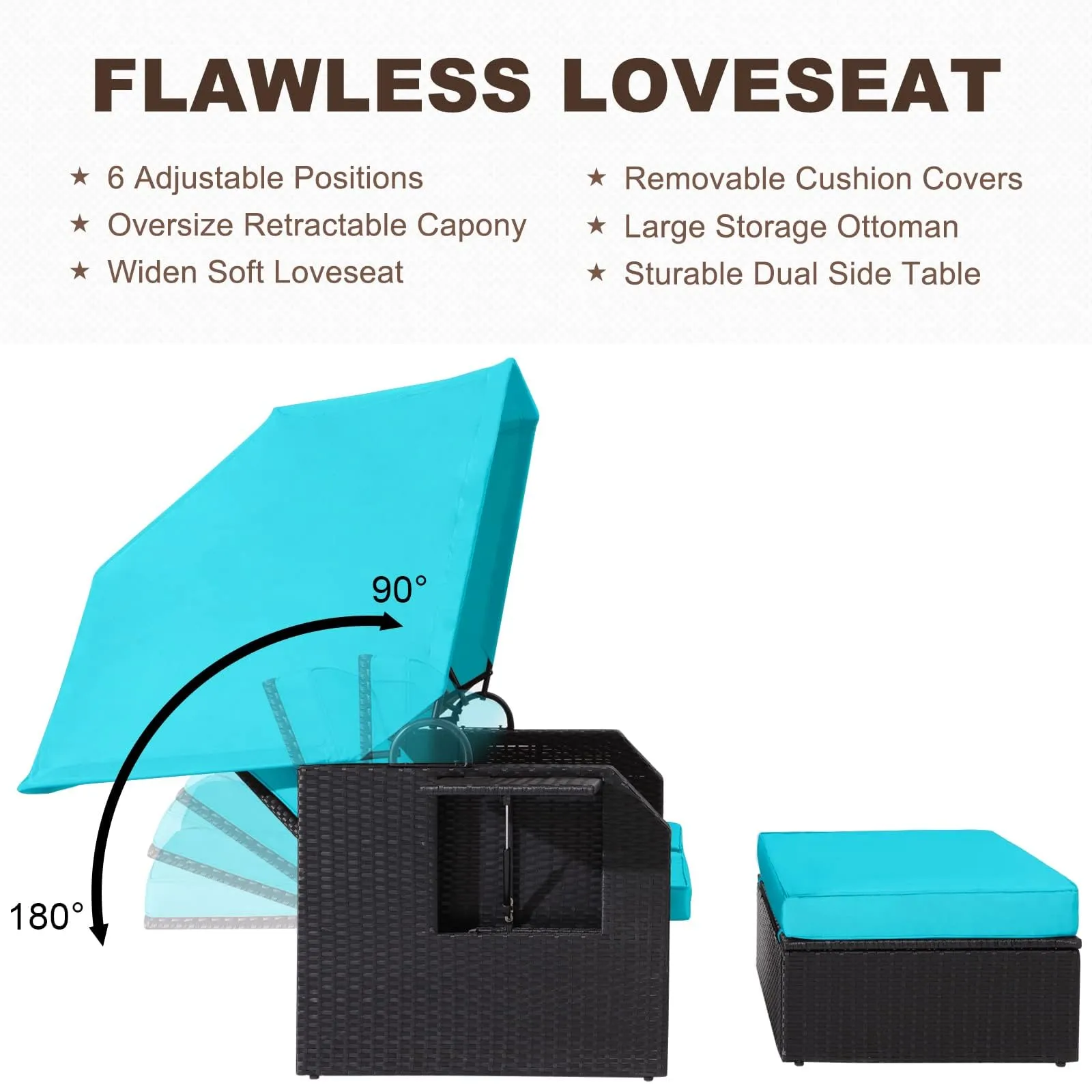 LVUYOYO Patio Wicker Furniture Set - Outdoor Rattan Sofa Set with Retractable Canopy, Side Table, Ottoman, Cushion PE Rattan Loveseat for Backyard Porch Garden Poolside Balcony (Green)