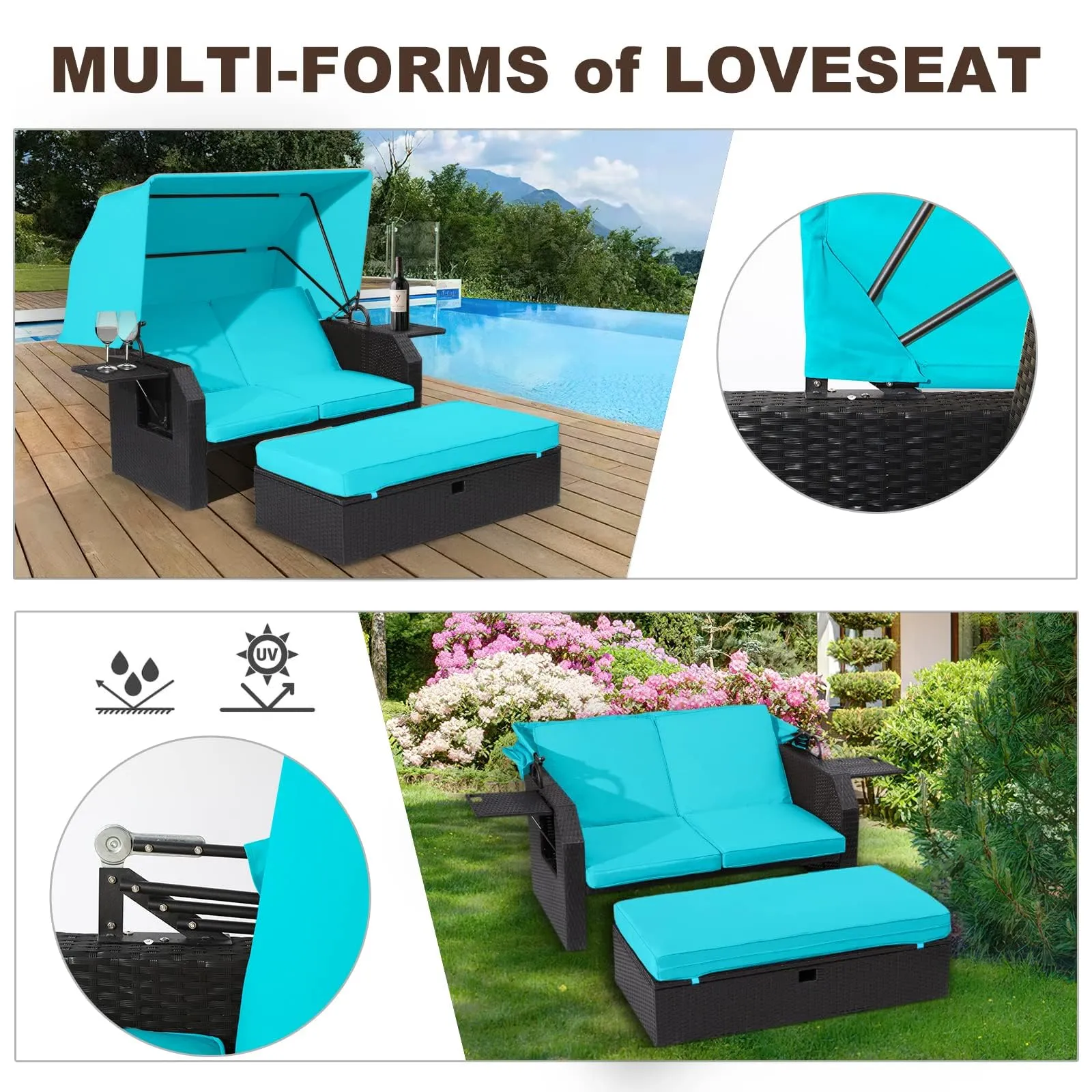 LVUYOYO Patio Wicker Furniture Set - Outdoor Rattan Sofa Set with Retractable Canopy, Side Table, Ottoman, Cushion PE Rattan Loveseat for Backyard Porch Garden Poolside Balcony (Green)