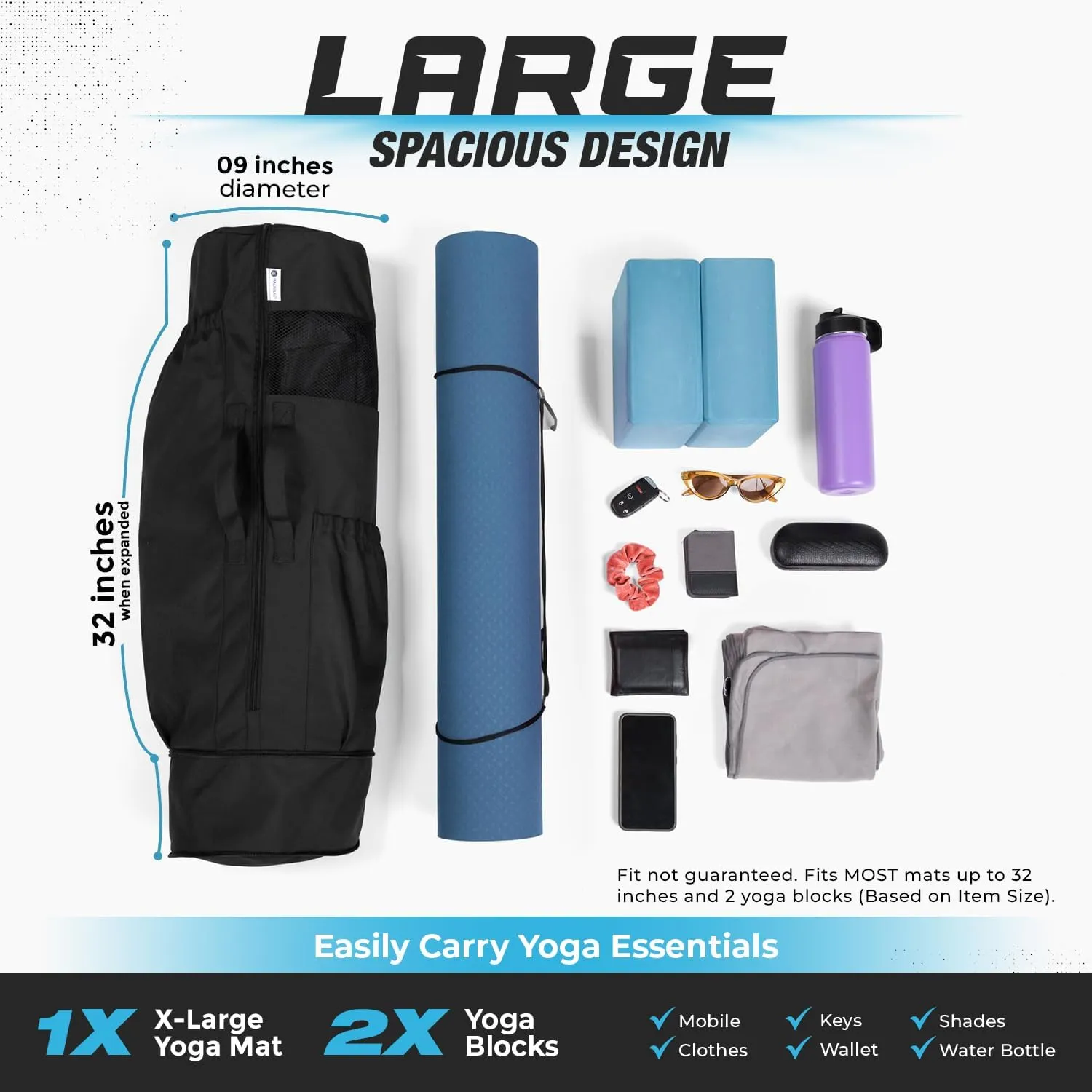 MAGNILAY Yoga Mat Bag - for Women and Men, Yoga Bag with Pockets and Adjustable Strap, Yoga Mat Carrier, Fits Mats Blocks and Yoga Accessories for Workouts, (32”L x 9” Diameter)