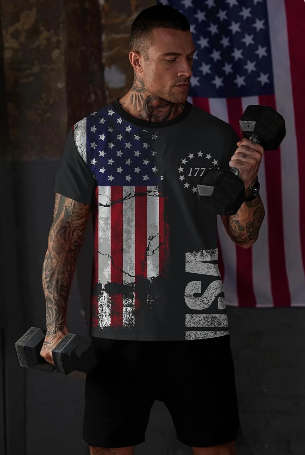Mainfini Men's 4th of July T-Shirt American Flag 1776 Short Sleeve Tshirt (S-3XL)