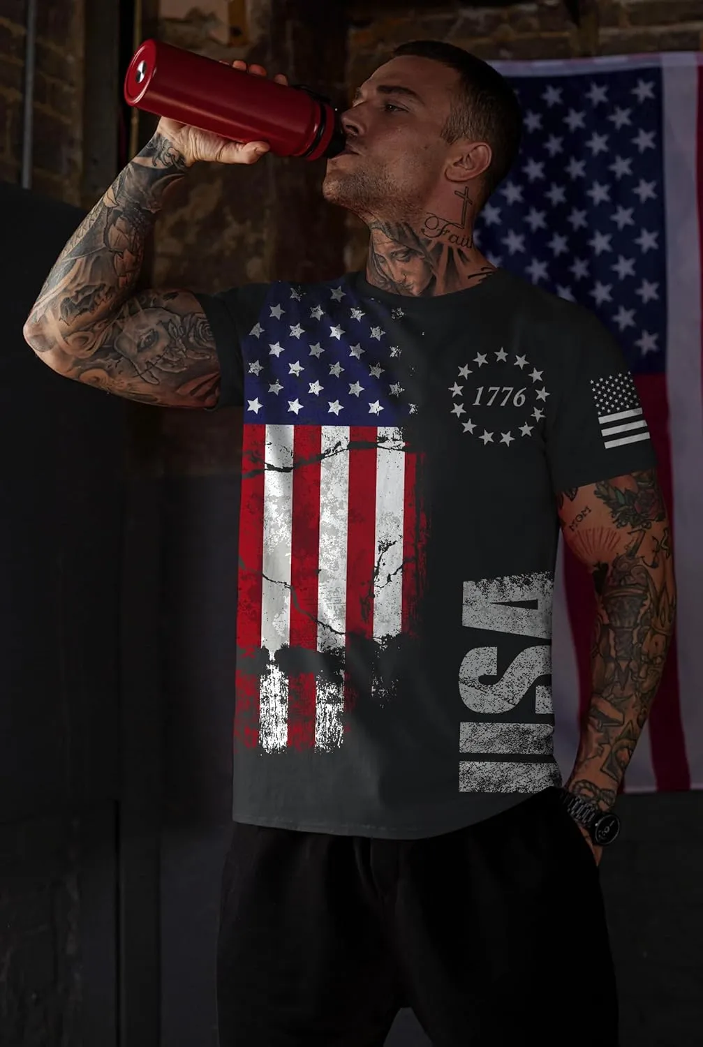 Mainfini Men's 4th of July T-Shirt American Flag 1776 Short Sleeve Tshirt (S-3XL)