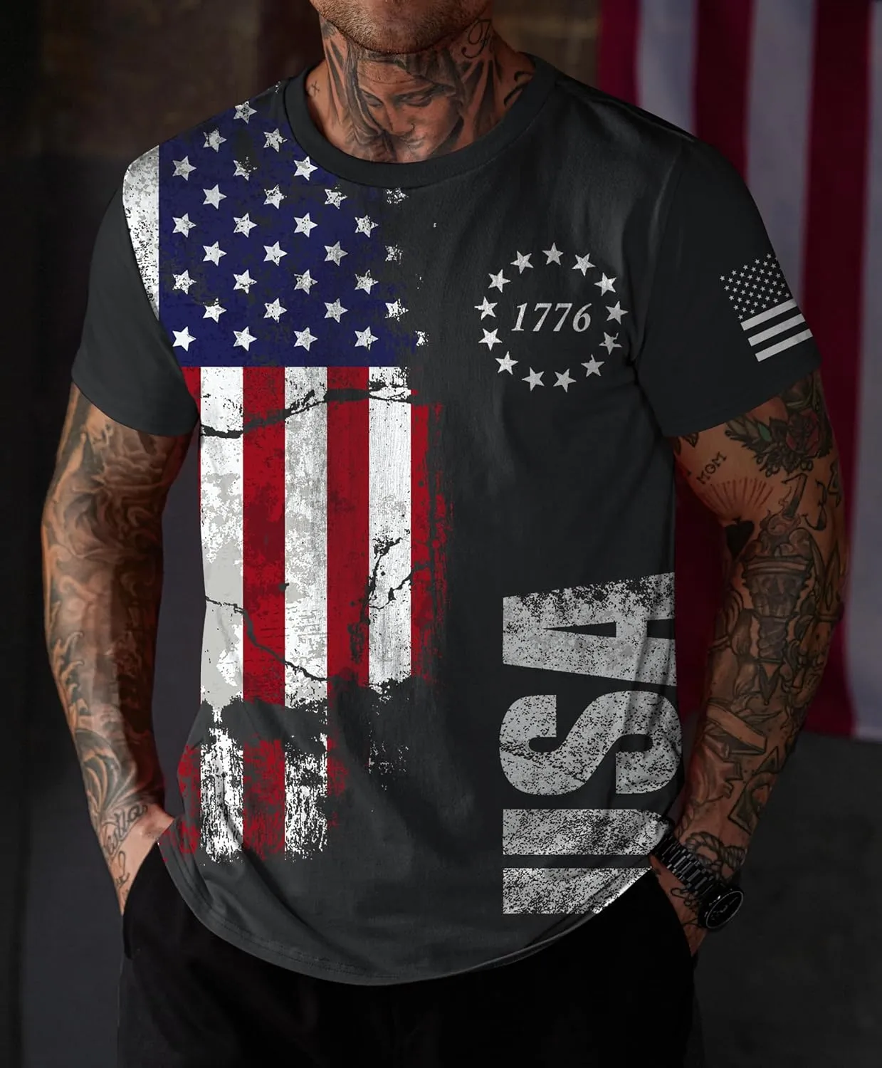 Mainfini Men's 4th of July T-Shirt American Flag 1776 Short Sleeve Tshirt (S-3XL)