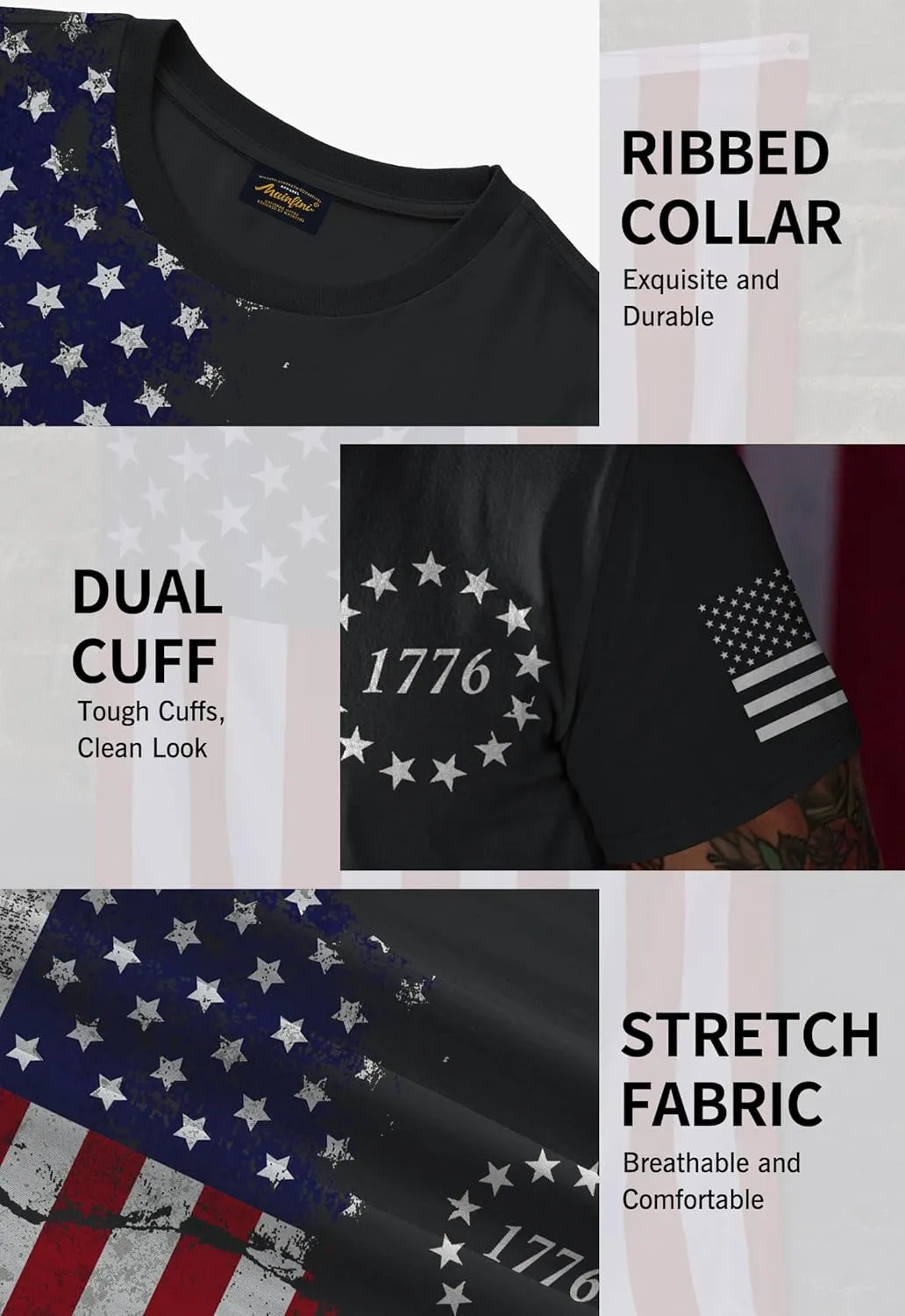 Mainfini Men's 4th of July T-Shirt American Flag 1776 Short Sleeve Tshirt (S-3XL)