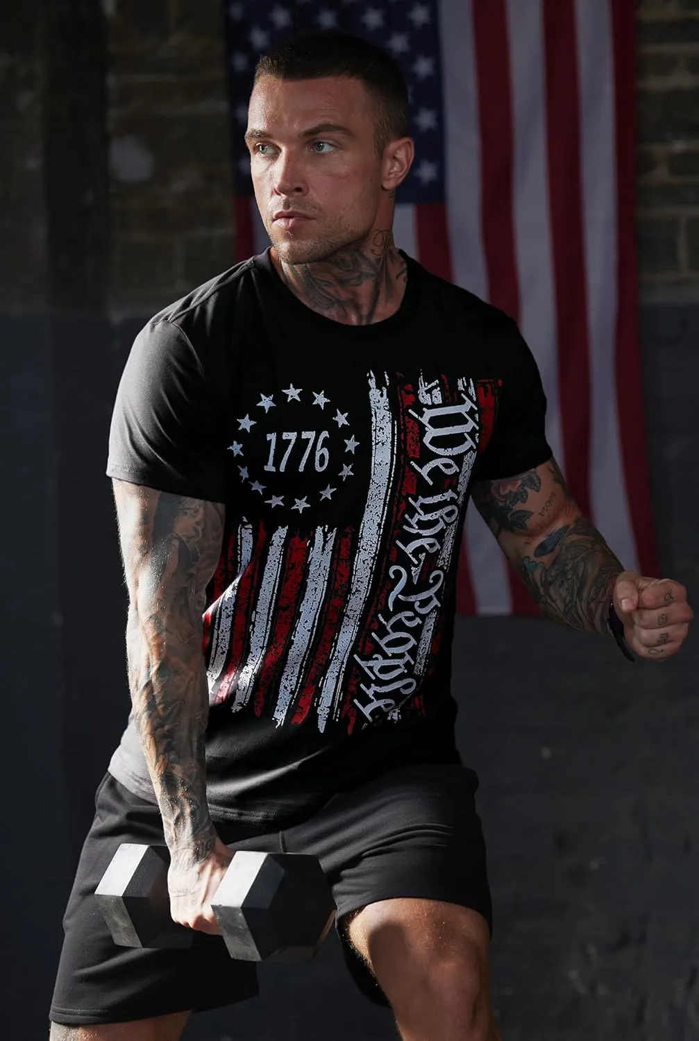 Mainfini Men's 4th of July T-Shirt American Flag 1776 Short Sleeve Tshirt (S-3XL)
