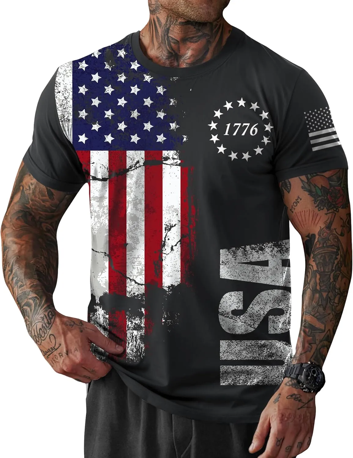Mainfini Men's 4th of July T-Shirt American Flag 1776 Short Sleeve Tshirt (S-3XL)