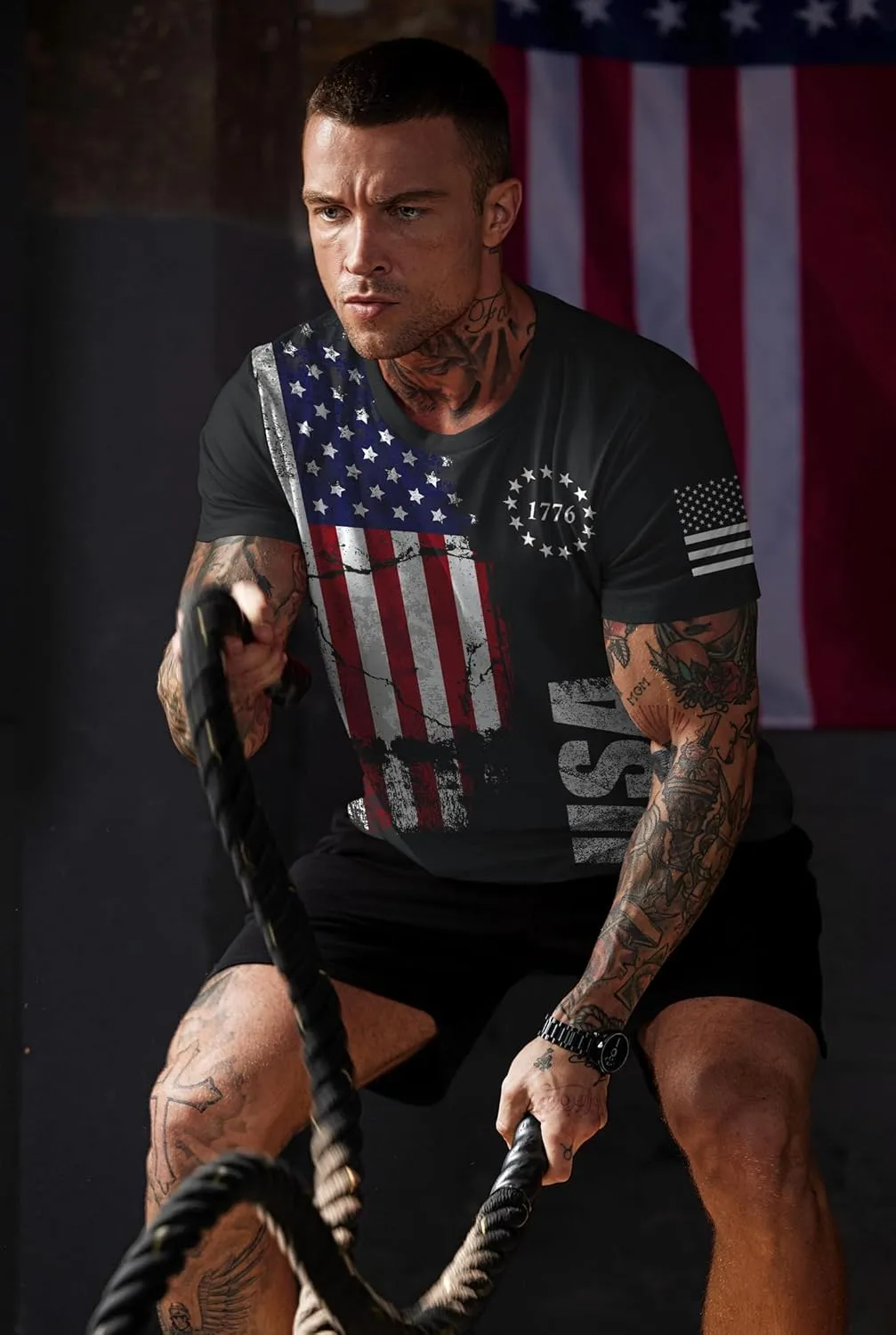 Mainfini Men's 4th of July T-Shirt American Flag 1776 Short Sleeve Tshirt (S-3XL)