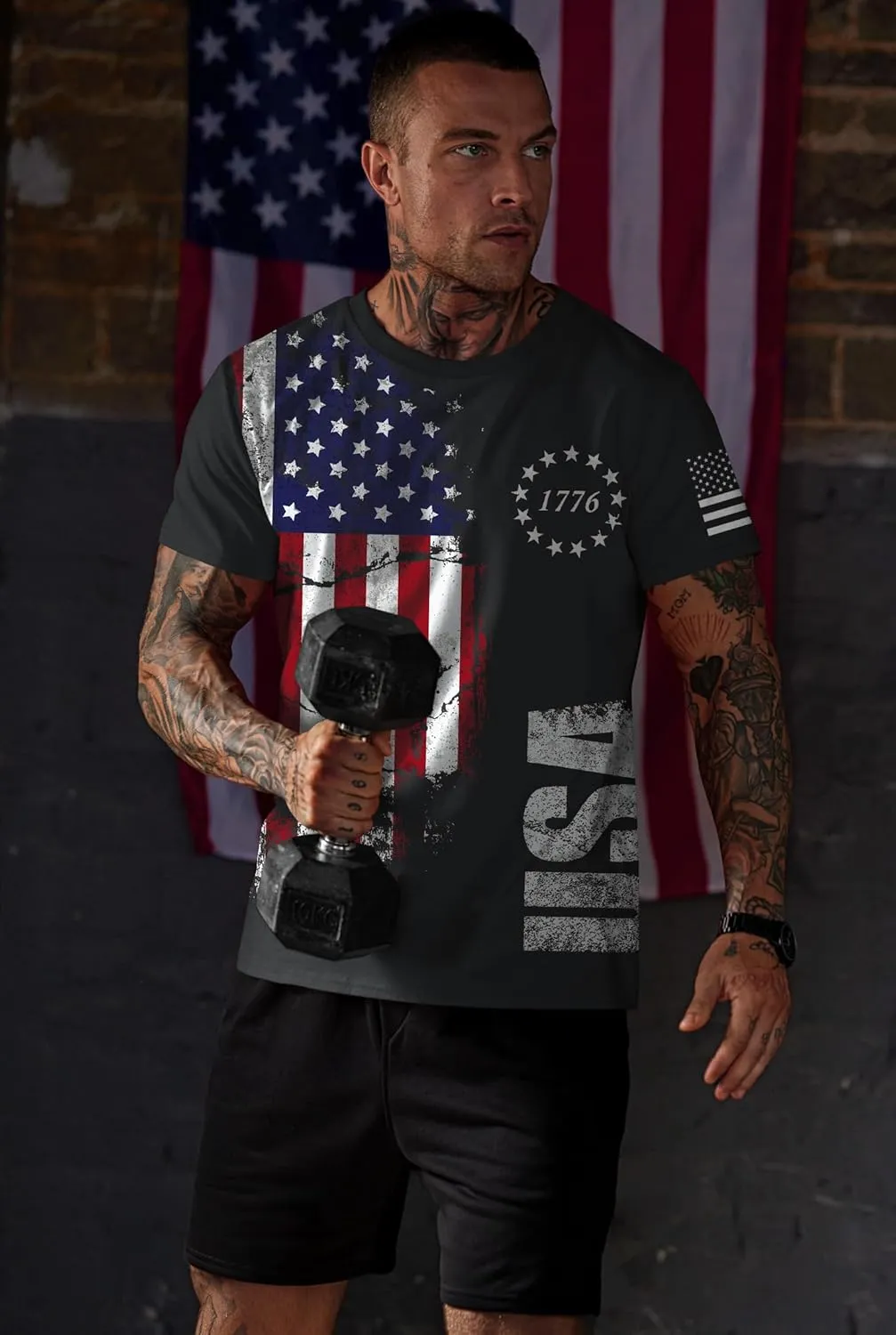Mainfini Men's 4th of July T-Shirt American Flag 1776 Short Sleeve Tshirt (S-3XL)