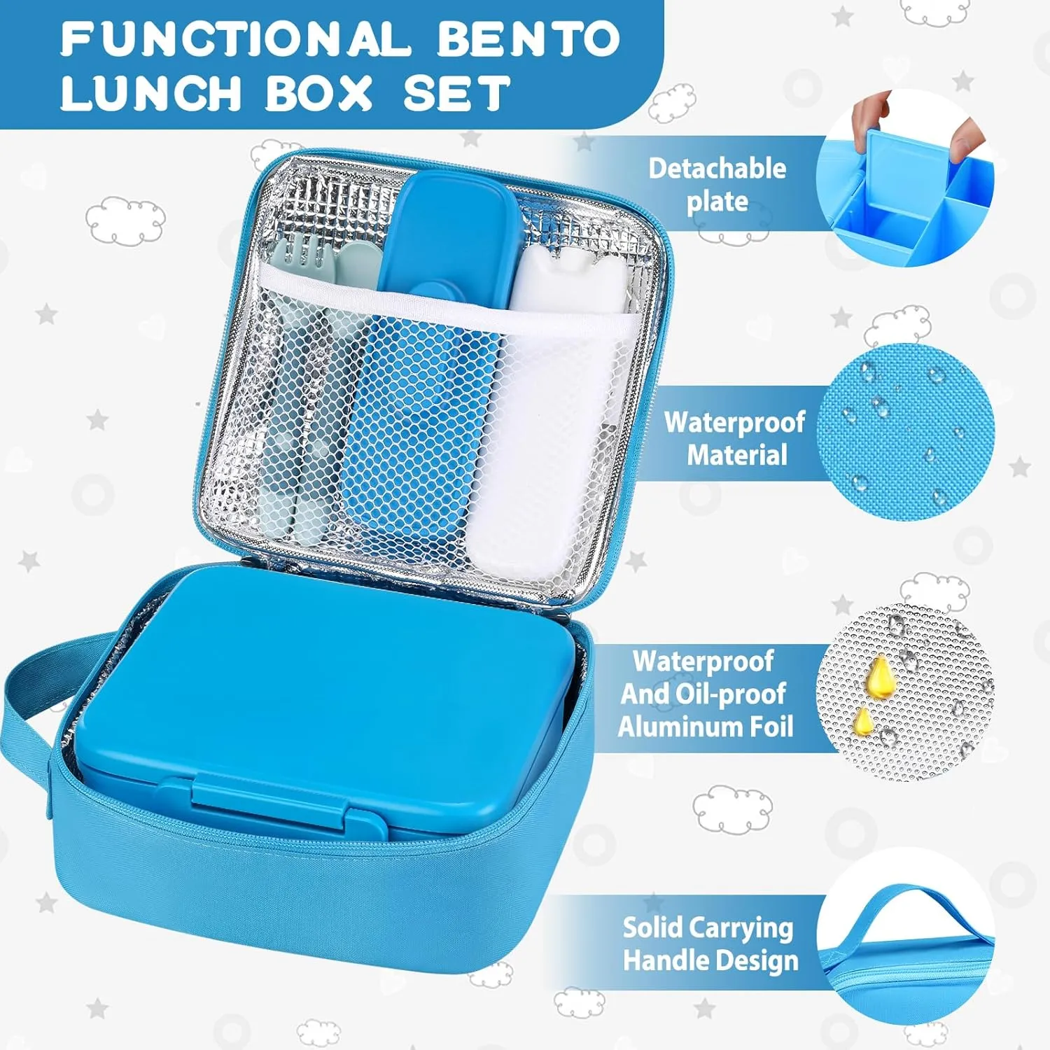 MAISON HUIS Kids Bento Lunch Box Set With 8oz Soup Thermo, Leakproof Lunch Containers with 5 Compartment, Thermo Hot Food Jar and Insulated Lunch Bag, BPA Free,Travel, School -Blue