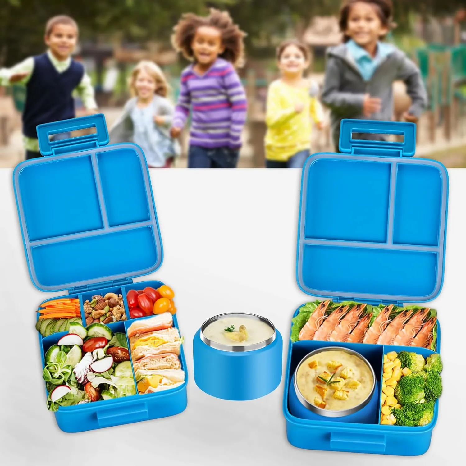 MAISON HUIS Kids Bento Lunch Box Set With 8oz Soup Thermo, Leakproof Lunch Containers with 5 Compartment, Thermo Hot Food Jar and Insulated Lunch Bag, BPA Free,Travel, School -Blue